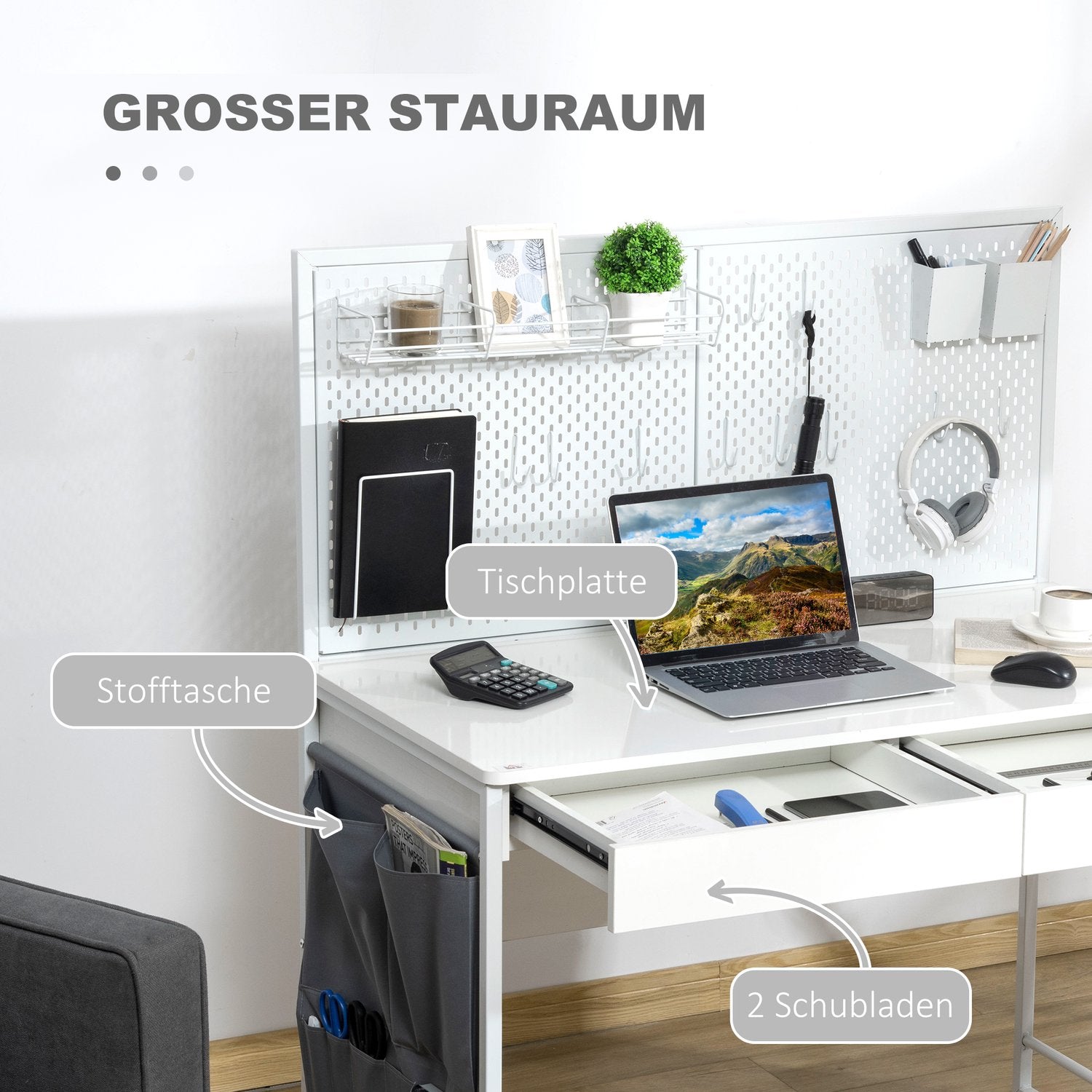 Vitt & Grå Skrivbord – Tygpåse, 2 lådor, Noteraster