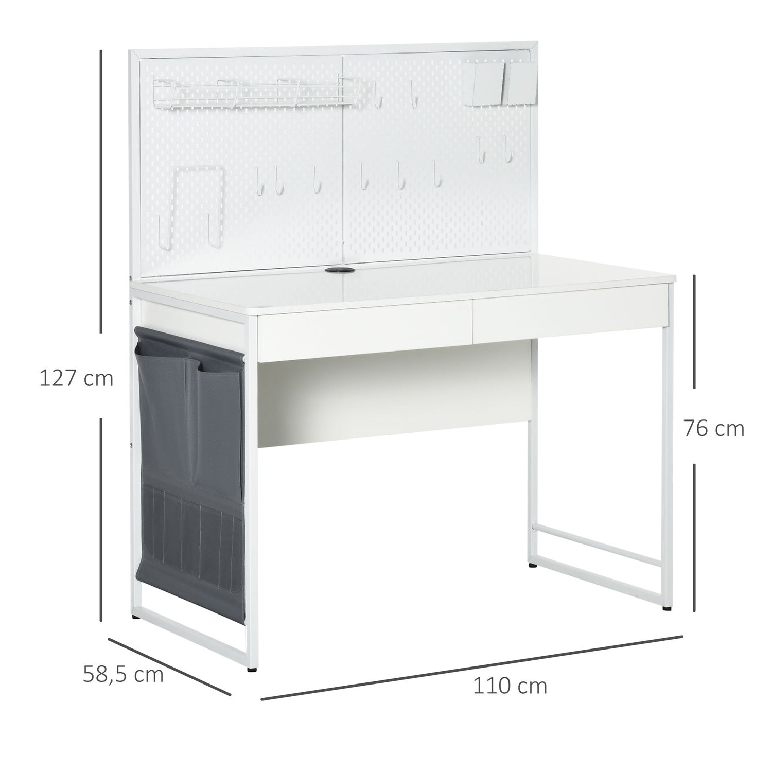 Vitt & Grå Skrivbord – Tygpåse, 2 lådor, Noteraster