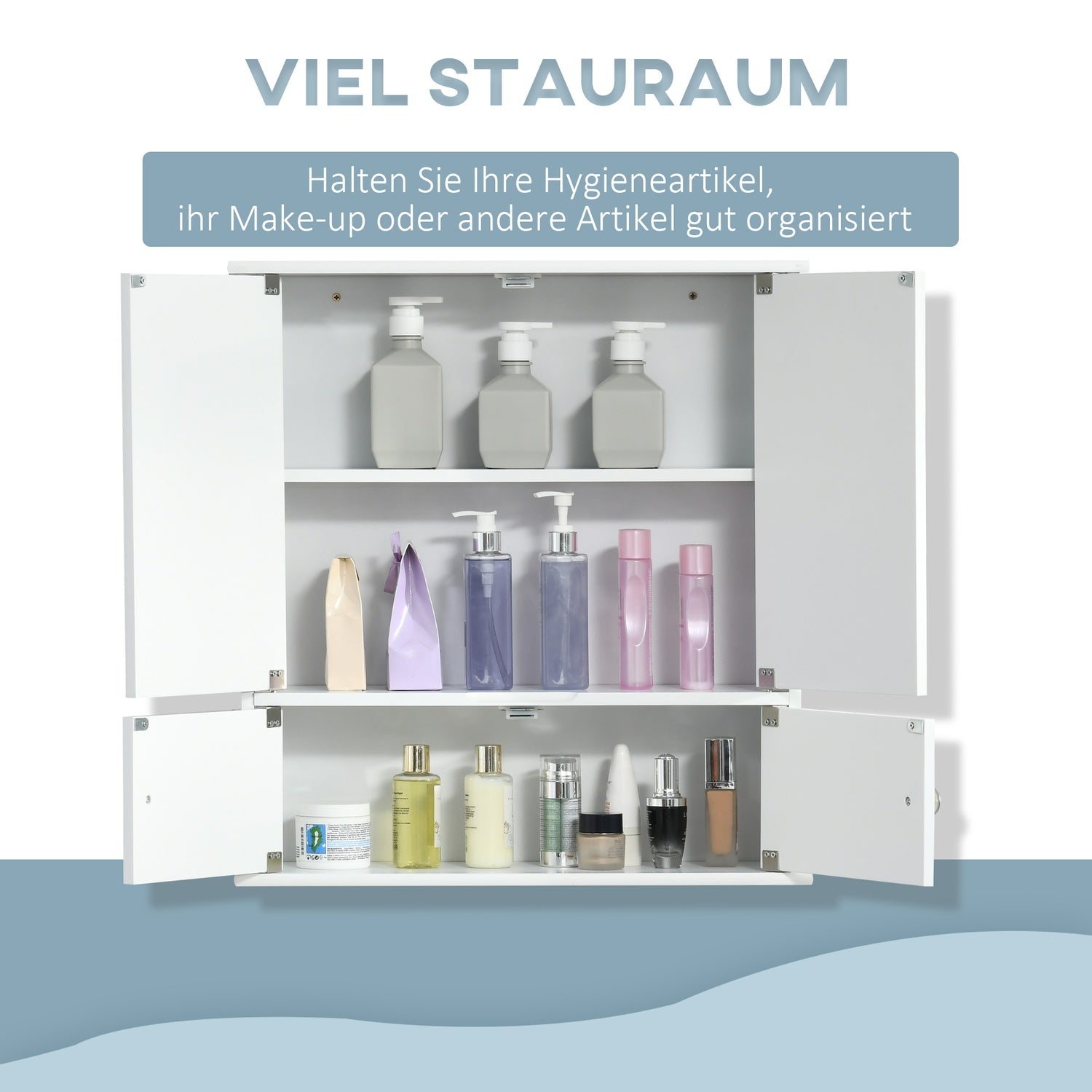 Vit väggmonterad badrumsskåp, spegel & glashyllor