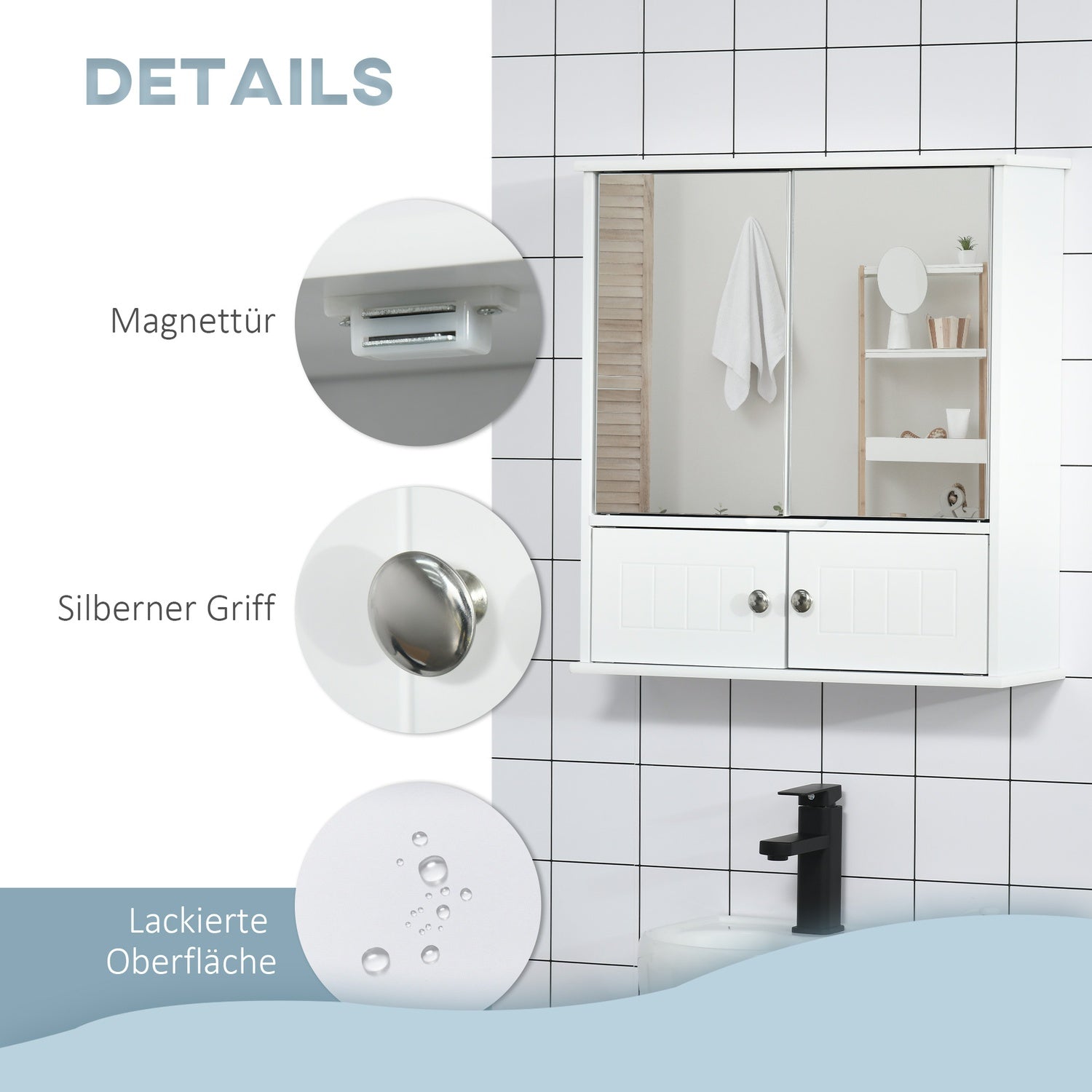Vit väggmonterad badrumsskåp, spegel & glashyllor
