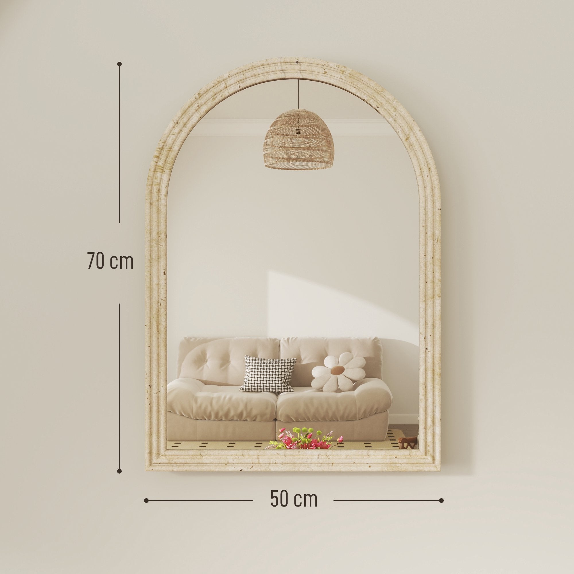 Välvd väggspegel, beige, 50 x 70 cm, polystyrenram