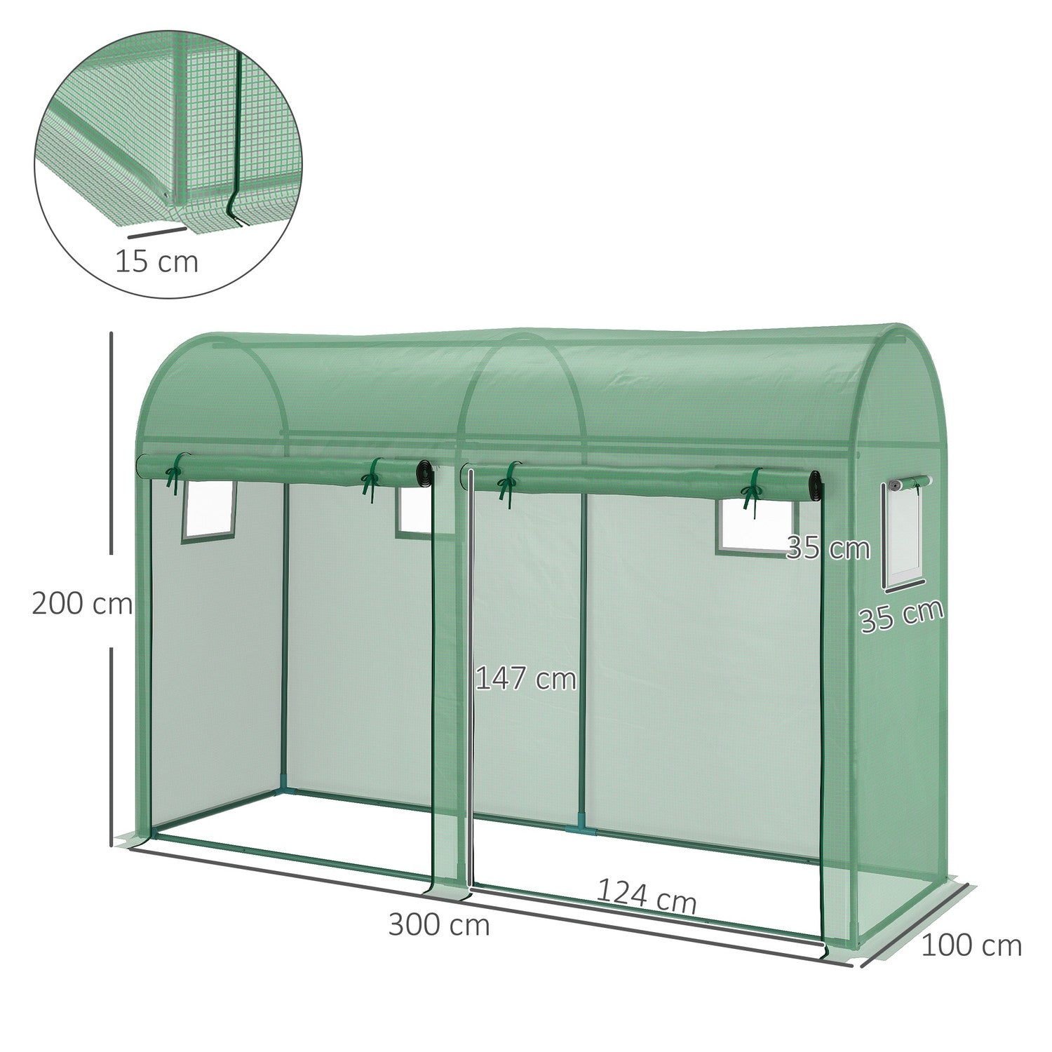 Växthus 300x100x200 cm, PE Plast, Stålstomme, 4 fönster