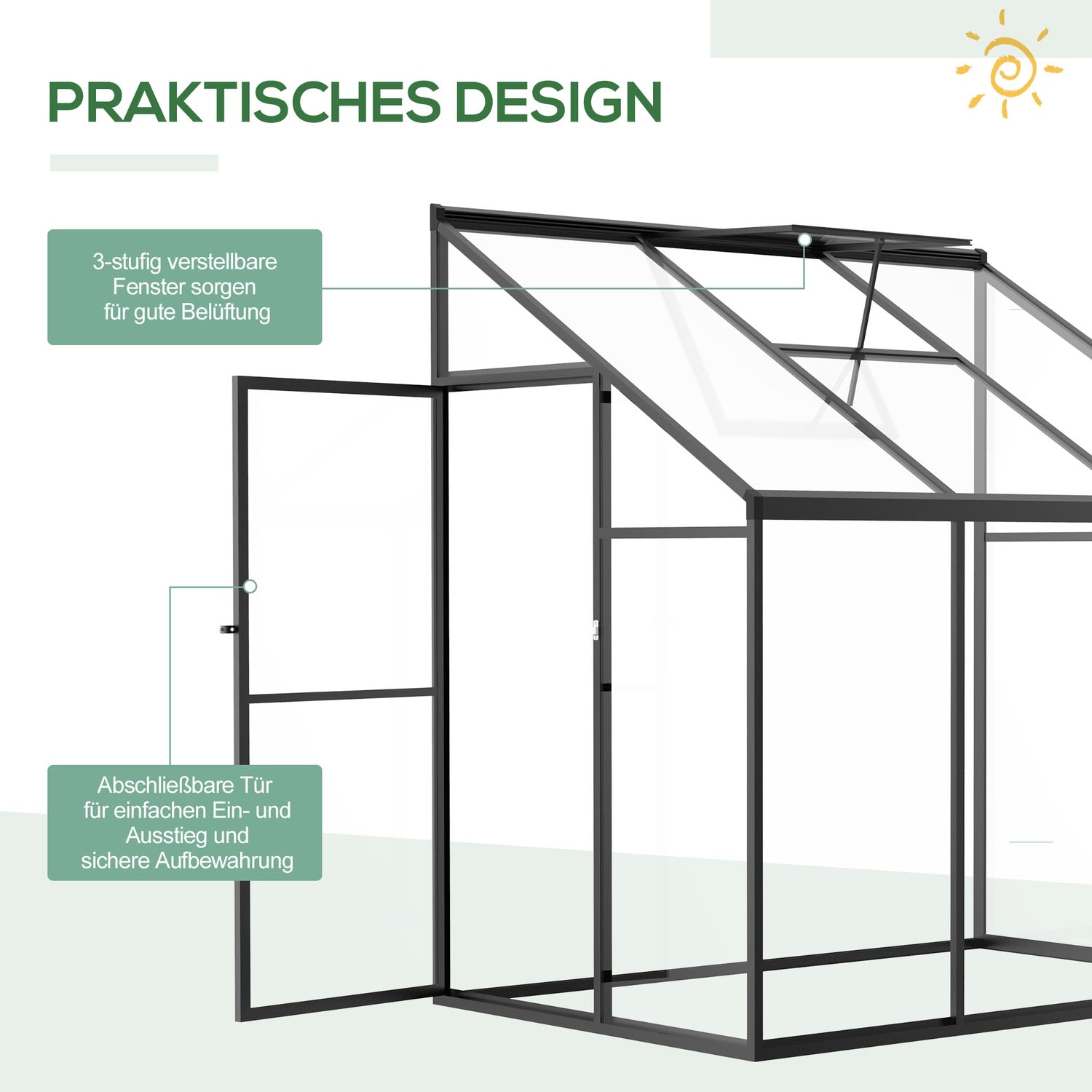 Växthusbod, låsbar dörr & justerbart tak, svart aluminium