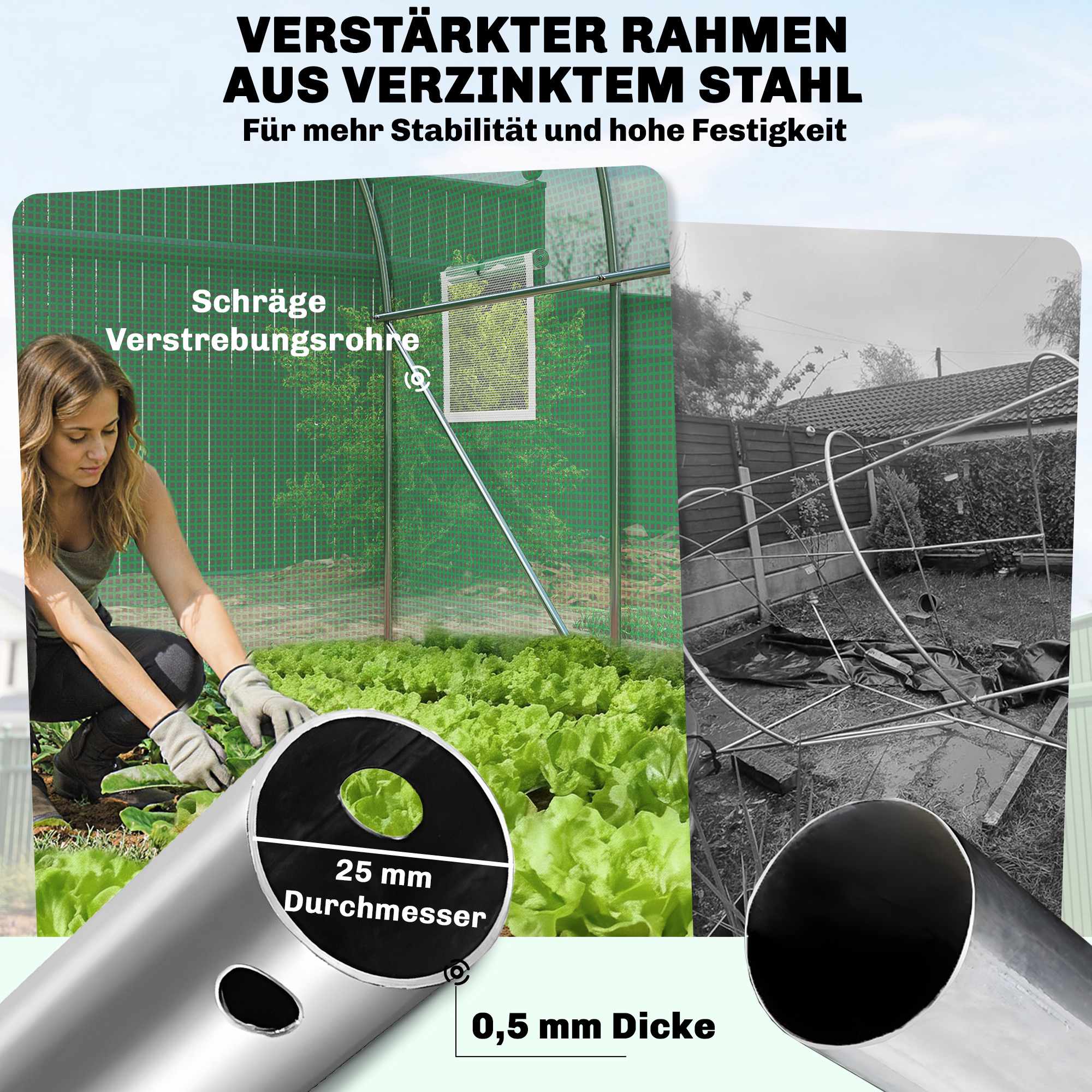 Växthus i polytunnelformat, 2x3m, PE-överdrag, stålram