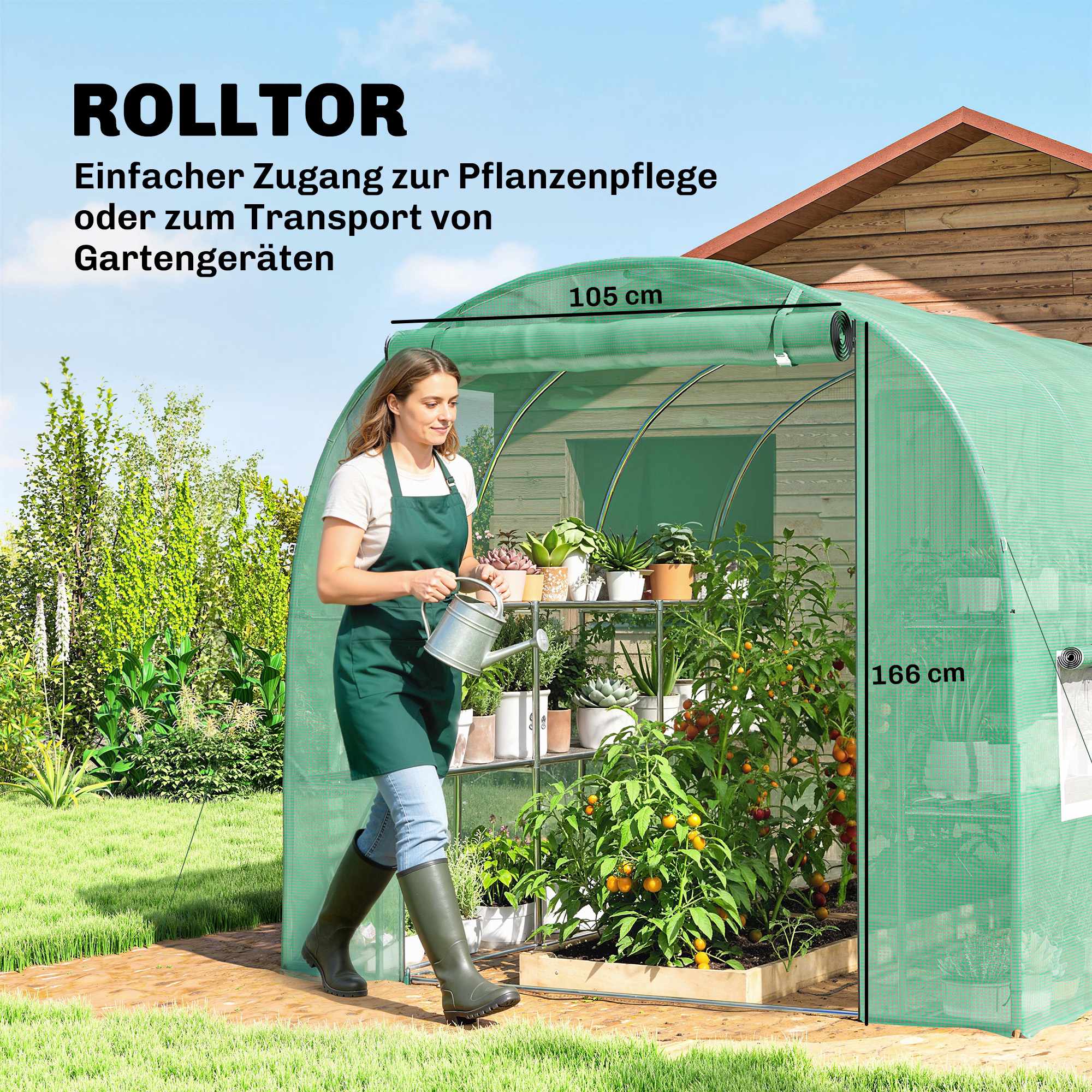 Växthus med hyllor, rulldörr, 6 nätfönster