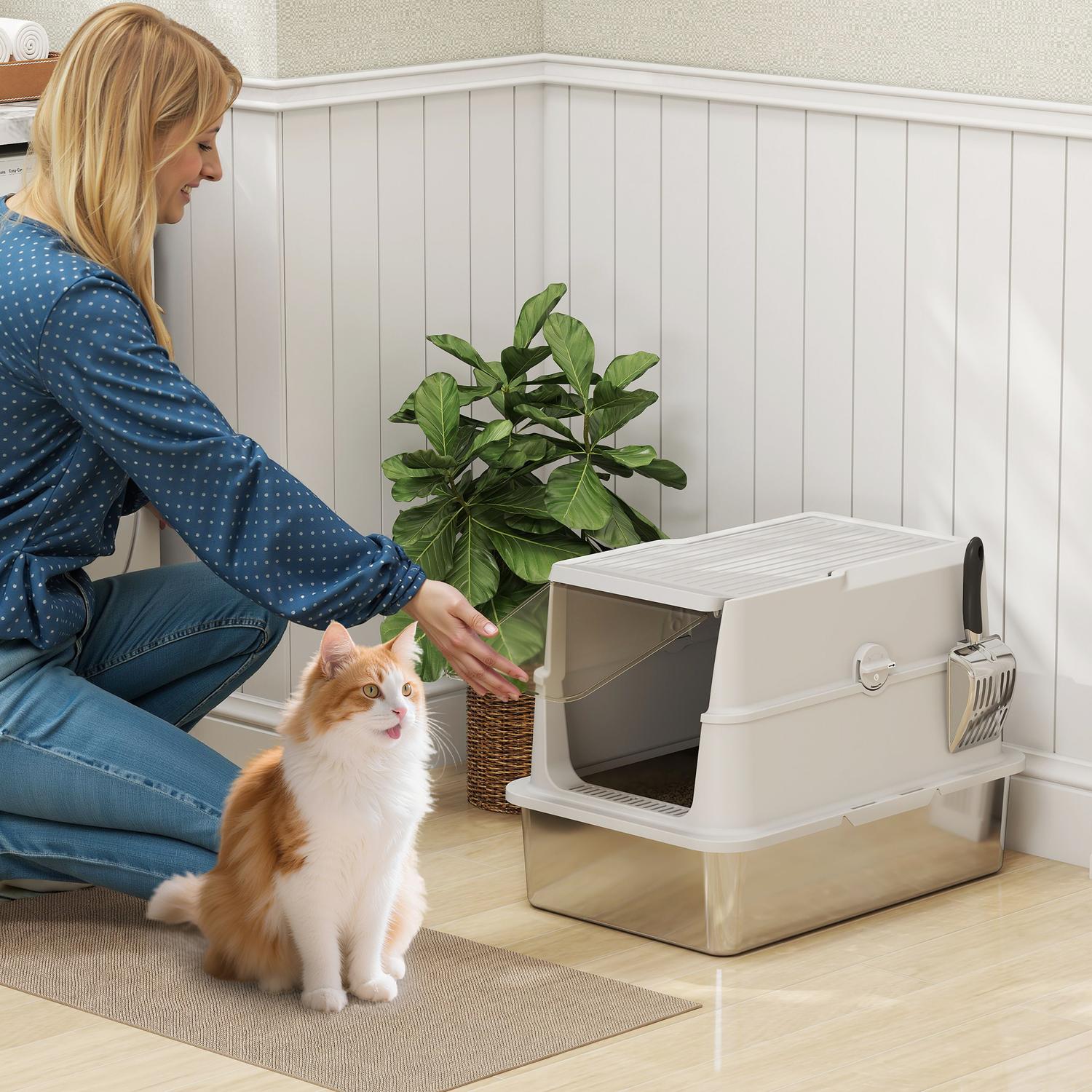 XL Katzenklo Edelstahl, Hellgrau, Mit Schaufel
