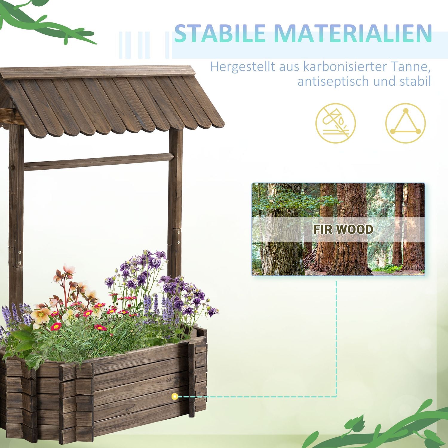 Önskebrunn Blomlåda med tak och spaljé, brunt trä
