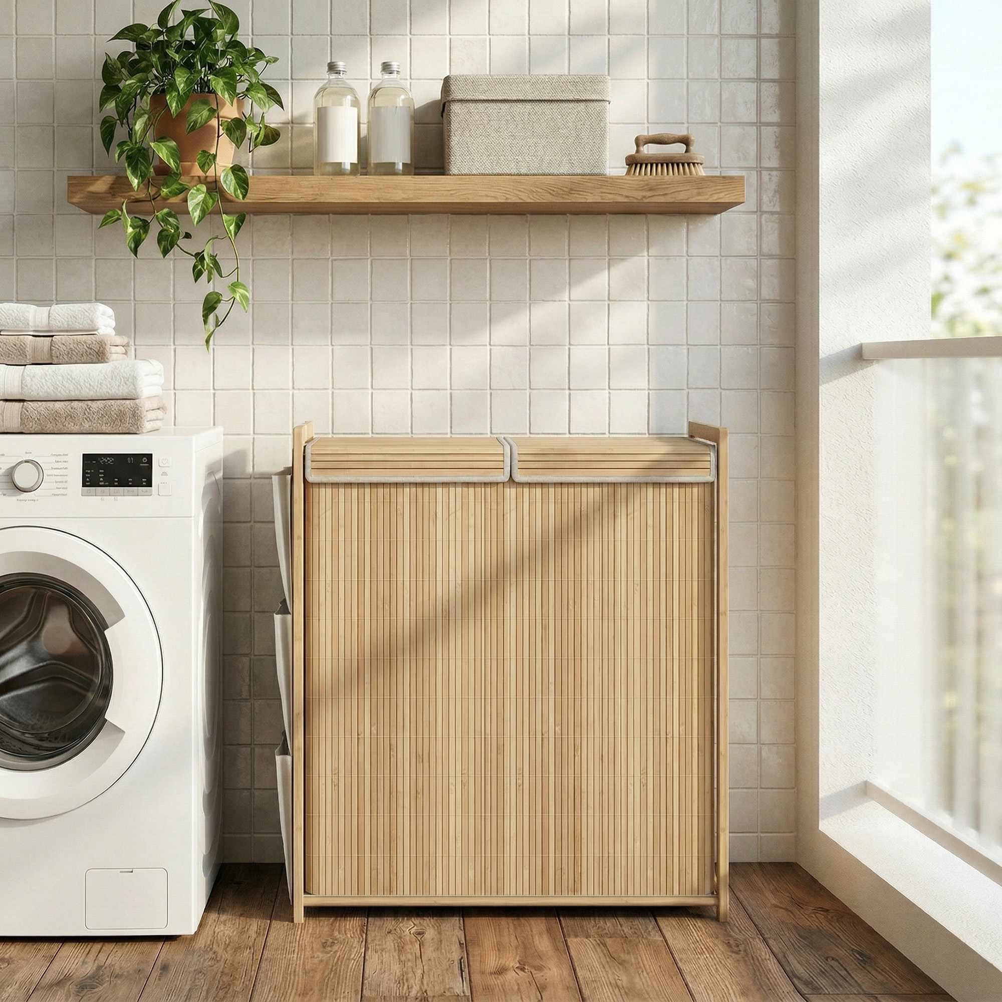 120L tvättkorg i bambu med lock och sidofickor