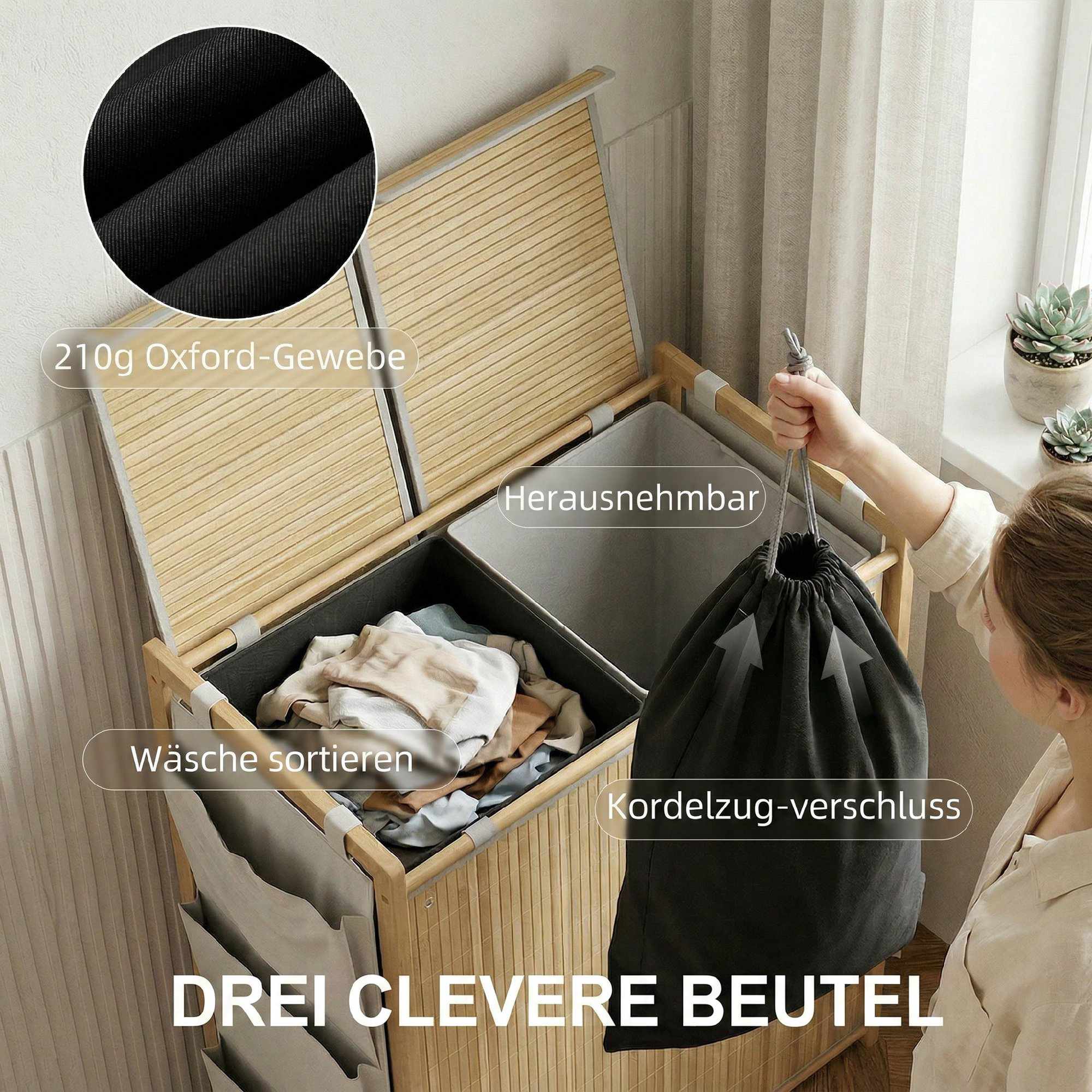 120L tvättkorg i bambu med lock och sidofickor