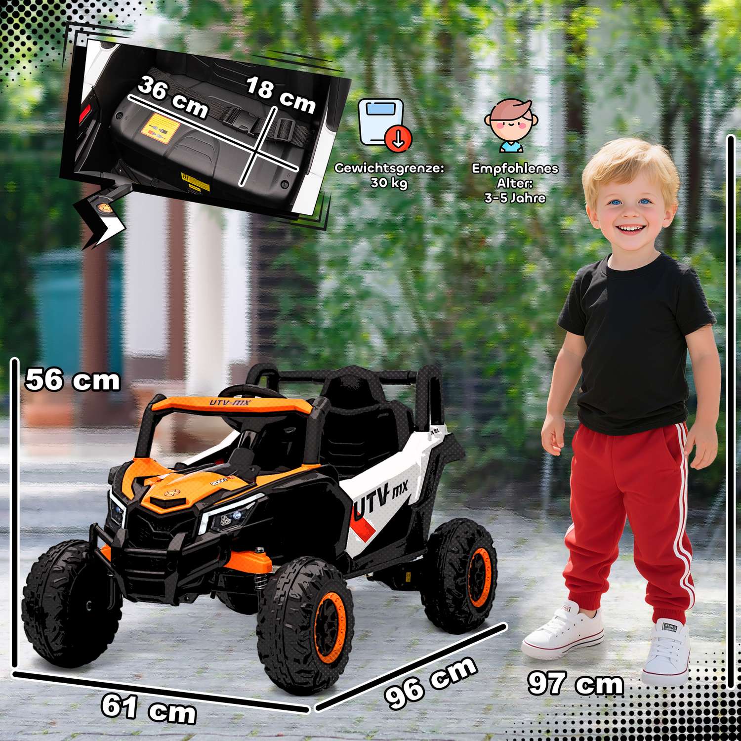 12V Elbil för Barn, Fjärrkontroll, Säkerhetsbälte, Tuta, LED, USB, Orange