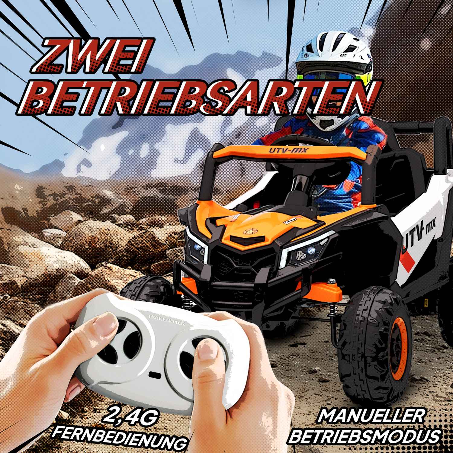 12V Elbil för Barn, Fjärrkontroll, Säkerhetsbälte, Tuta, LED, USB, Orange