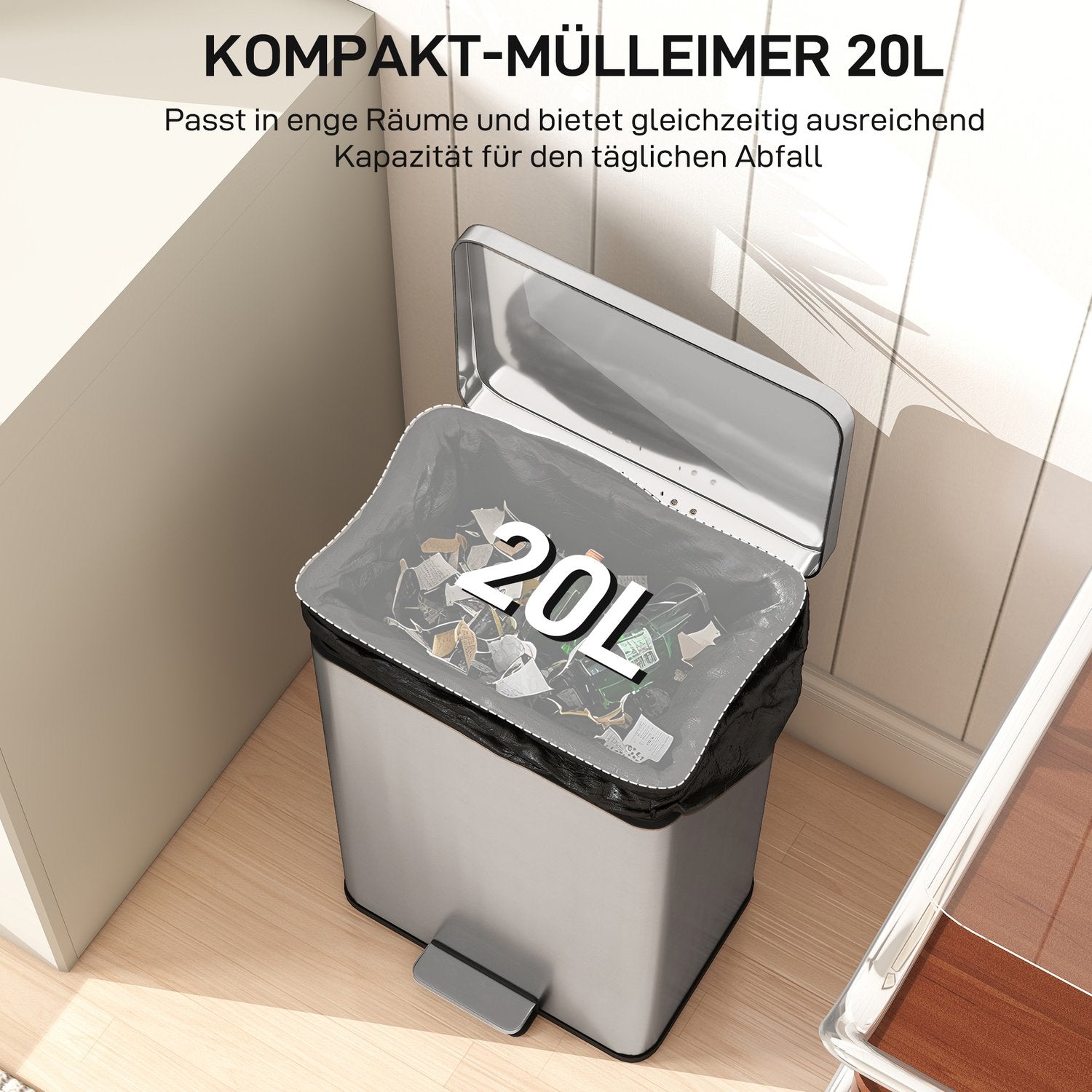 20L pedalhink med mjukstängande lock, avtagbar innerhink