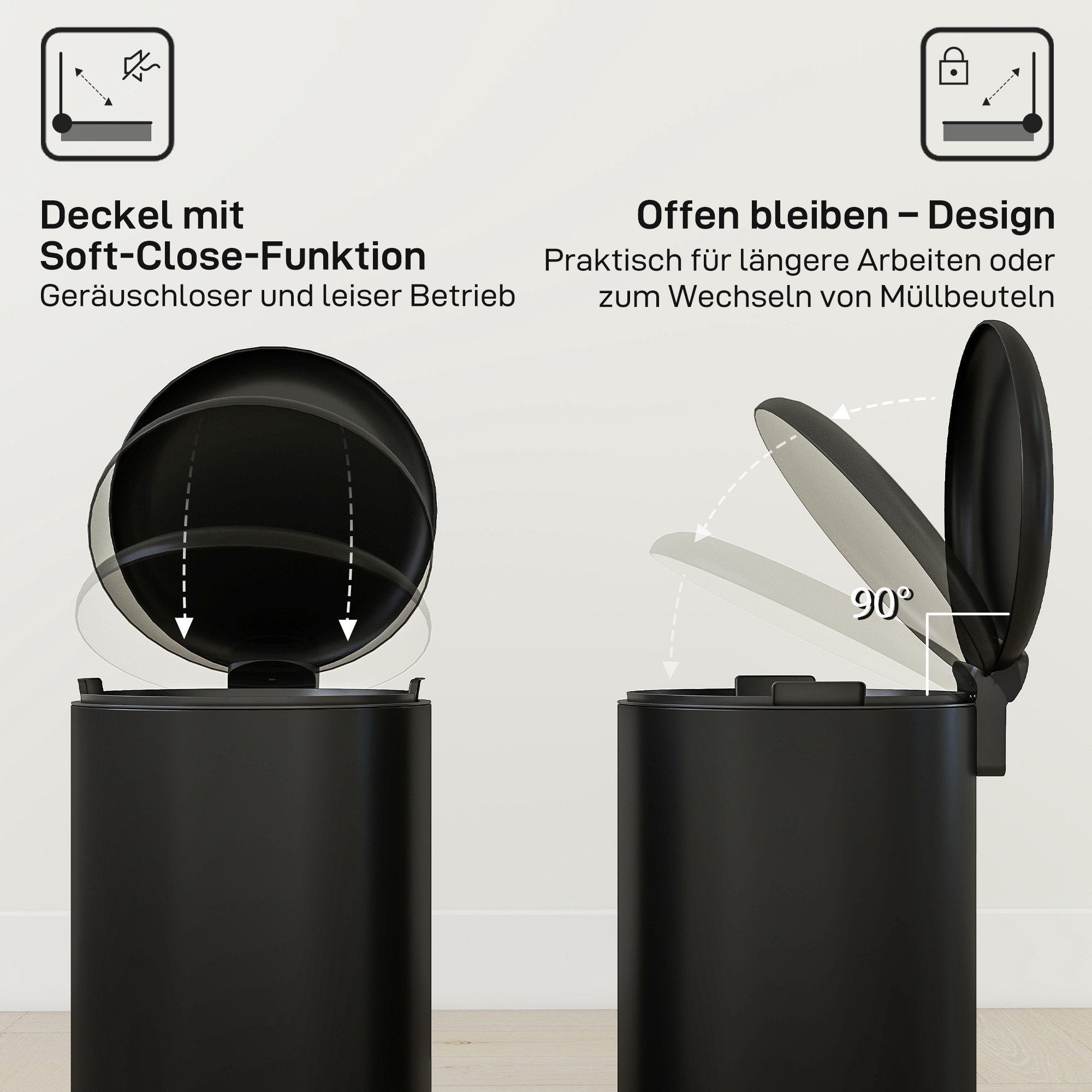 20L pedalpapperskorg, mjukstängande lock, svart metall
