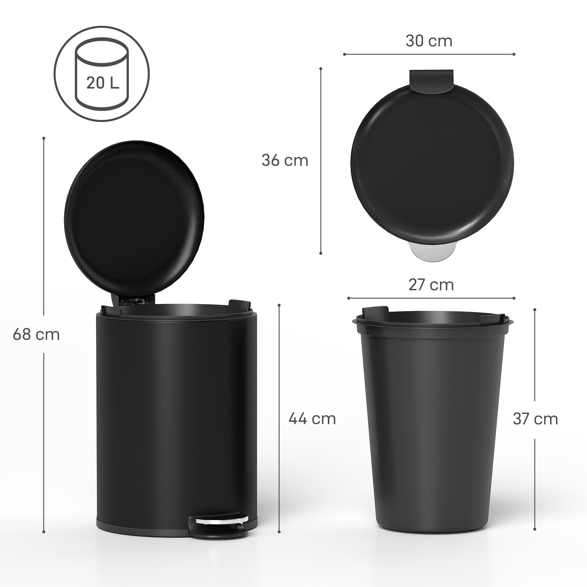 20L pedalpapperskorg, mjukstängande lock, svart metall