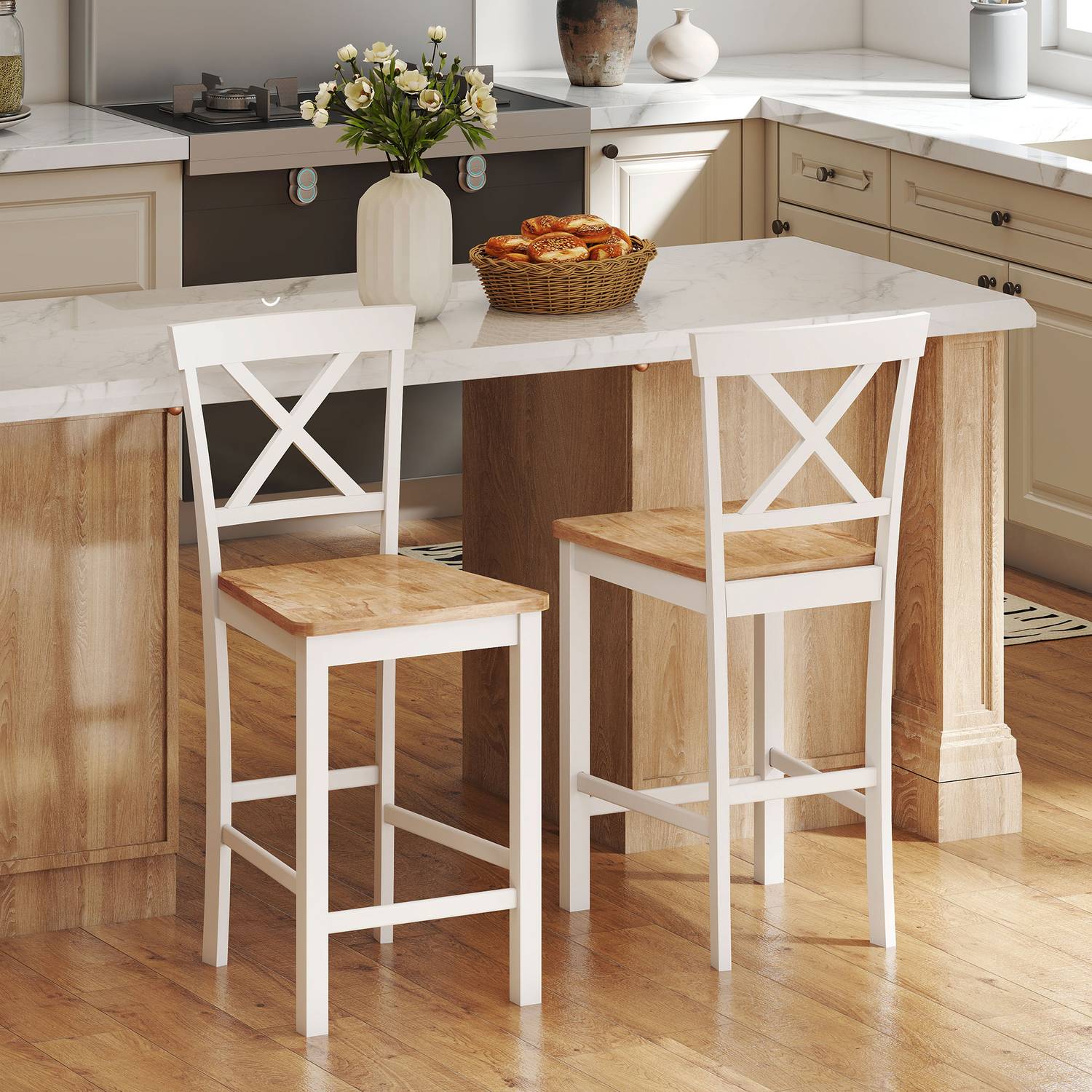 2-delade barstolar av gummi, ek & vit, 60 cm sits