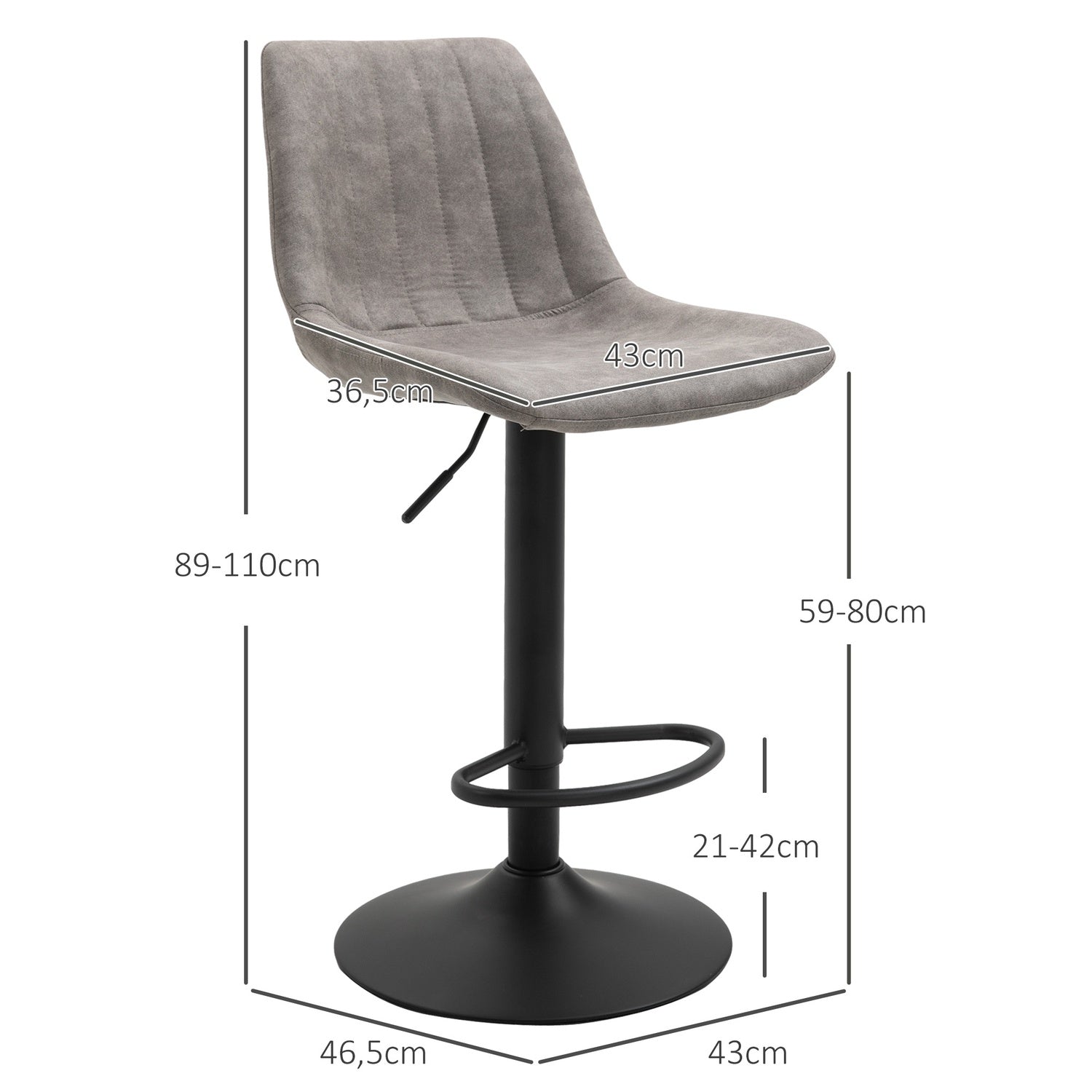 2-delade retro barstolar, grå mikrofiber, justerbar höjd