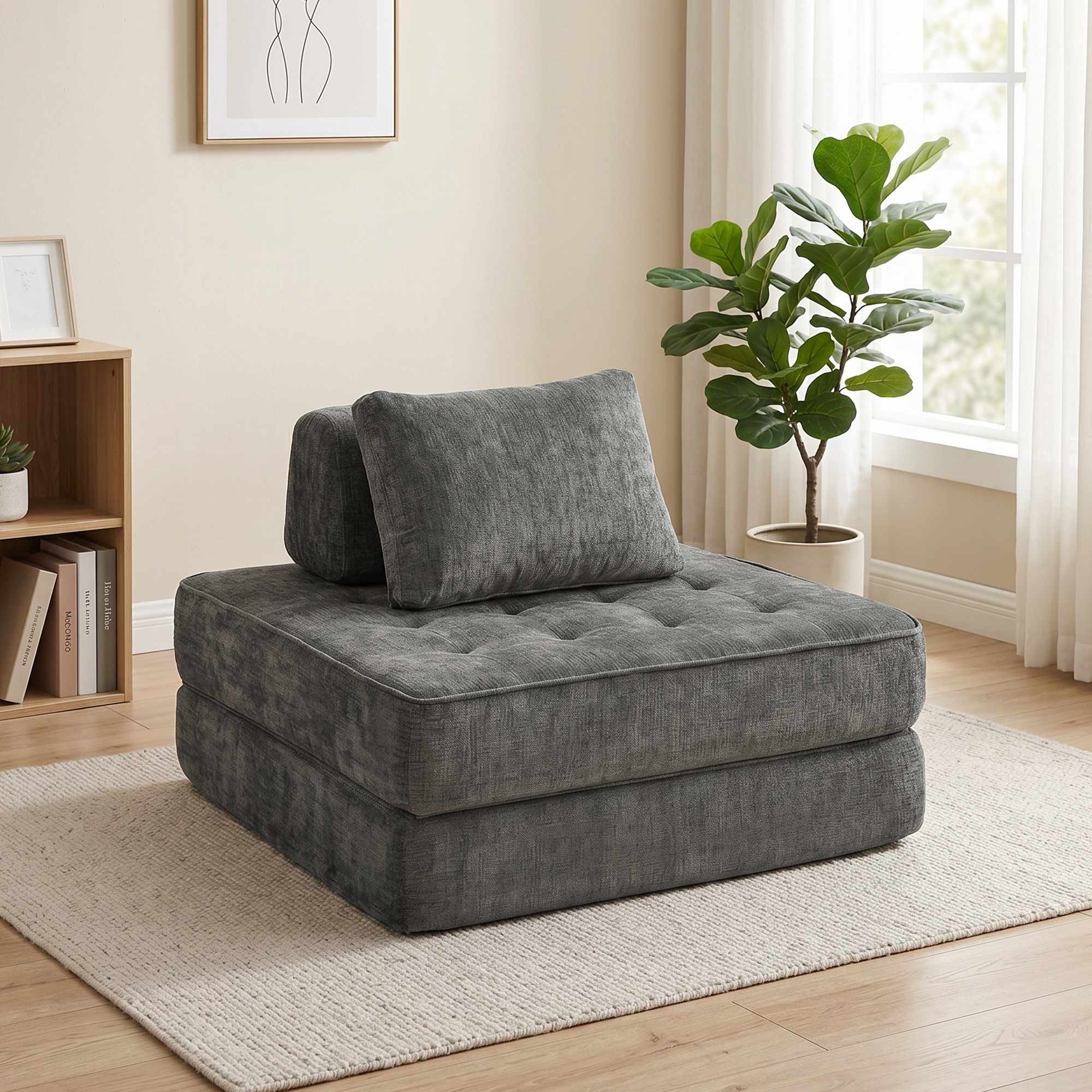 2-i-1 Konvertibel Chenille-golvfåtölj till enkelsäng, grå