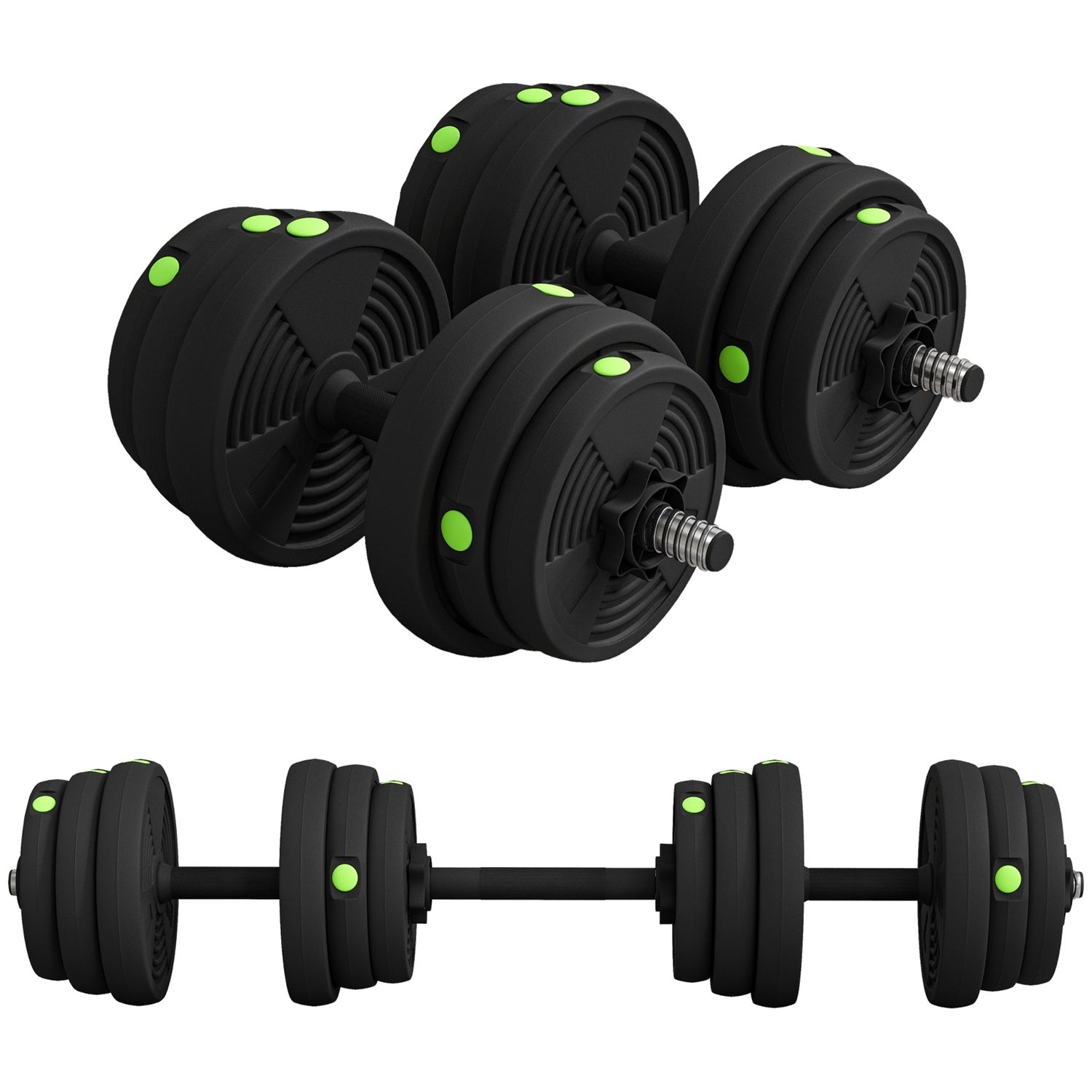 2-i-1 hantelset, justerbar 25 kg, halkfri, svart/grön