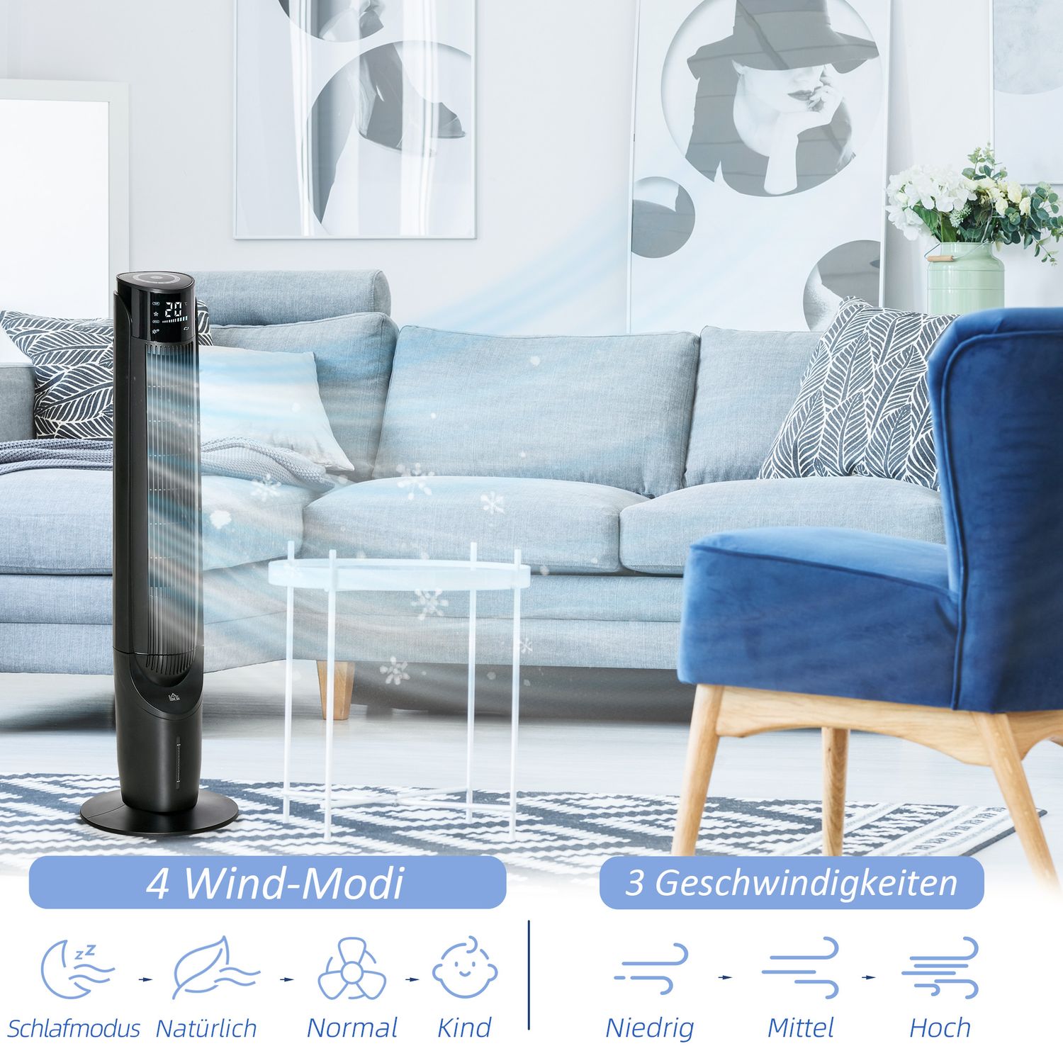 Věžový ventilátor a ochlazovač vzduchu 2 v 1, 4 režimy, dálkové ovládání