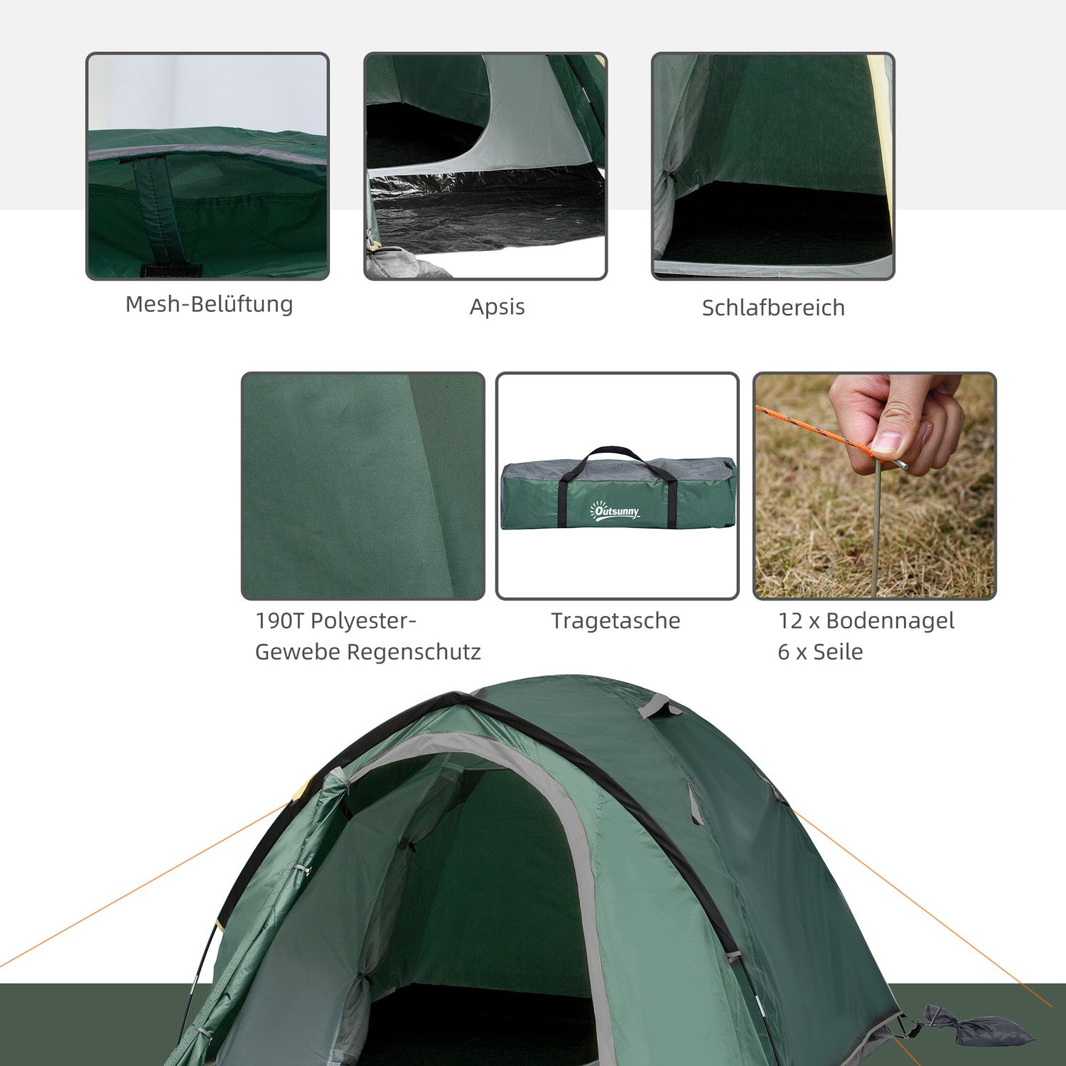 Kempingový kopulovitý stan pro 2 osoby, sklolaminát, 325 x 183 x 130 cm