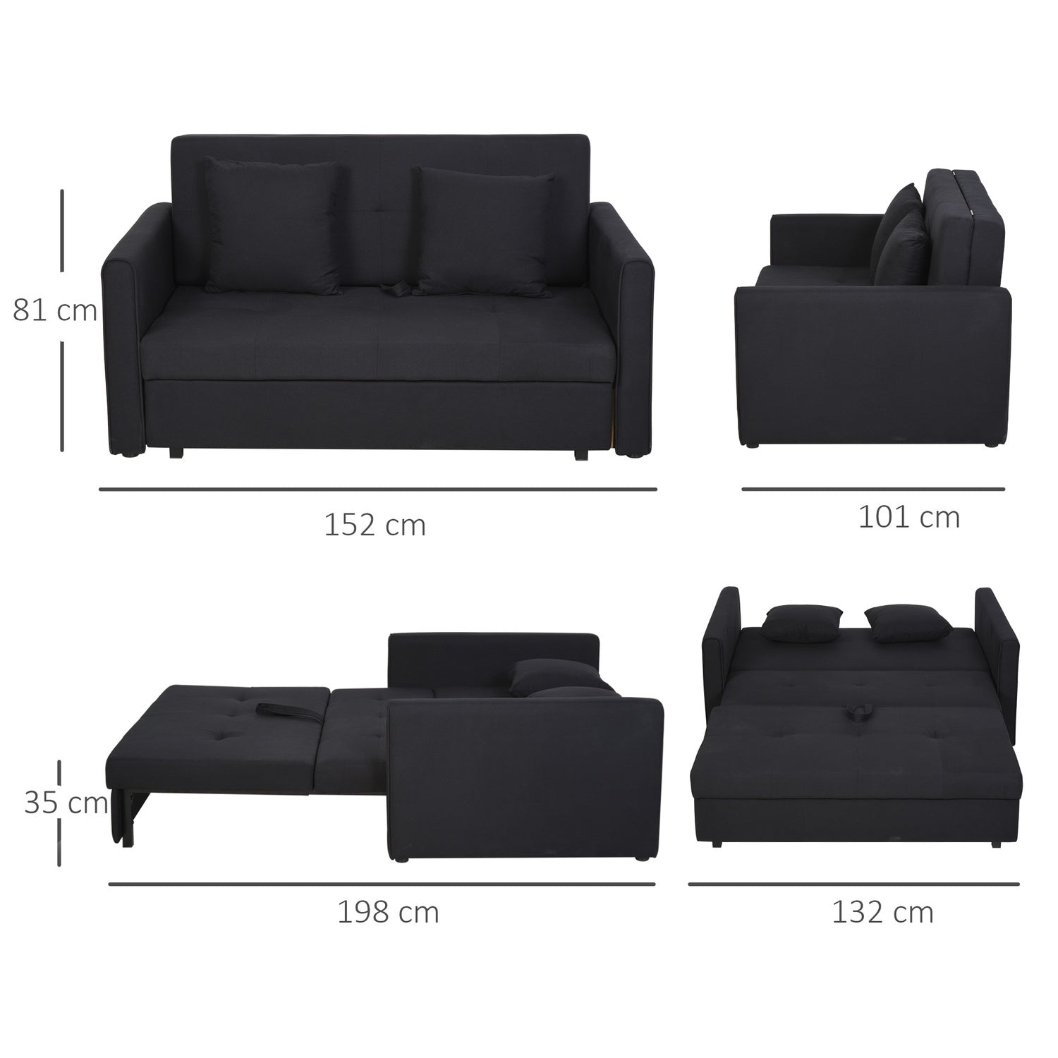2-sits bäddsoffa med förvarings- och polybomullskuddar, grå