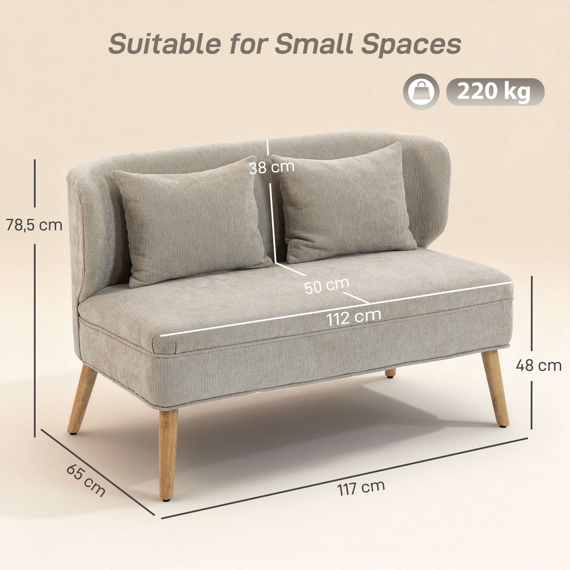 2-sits chenillesoffa, vingrygg, ben i gummiträ, beige