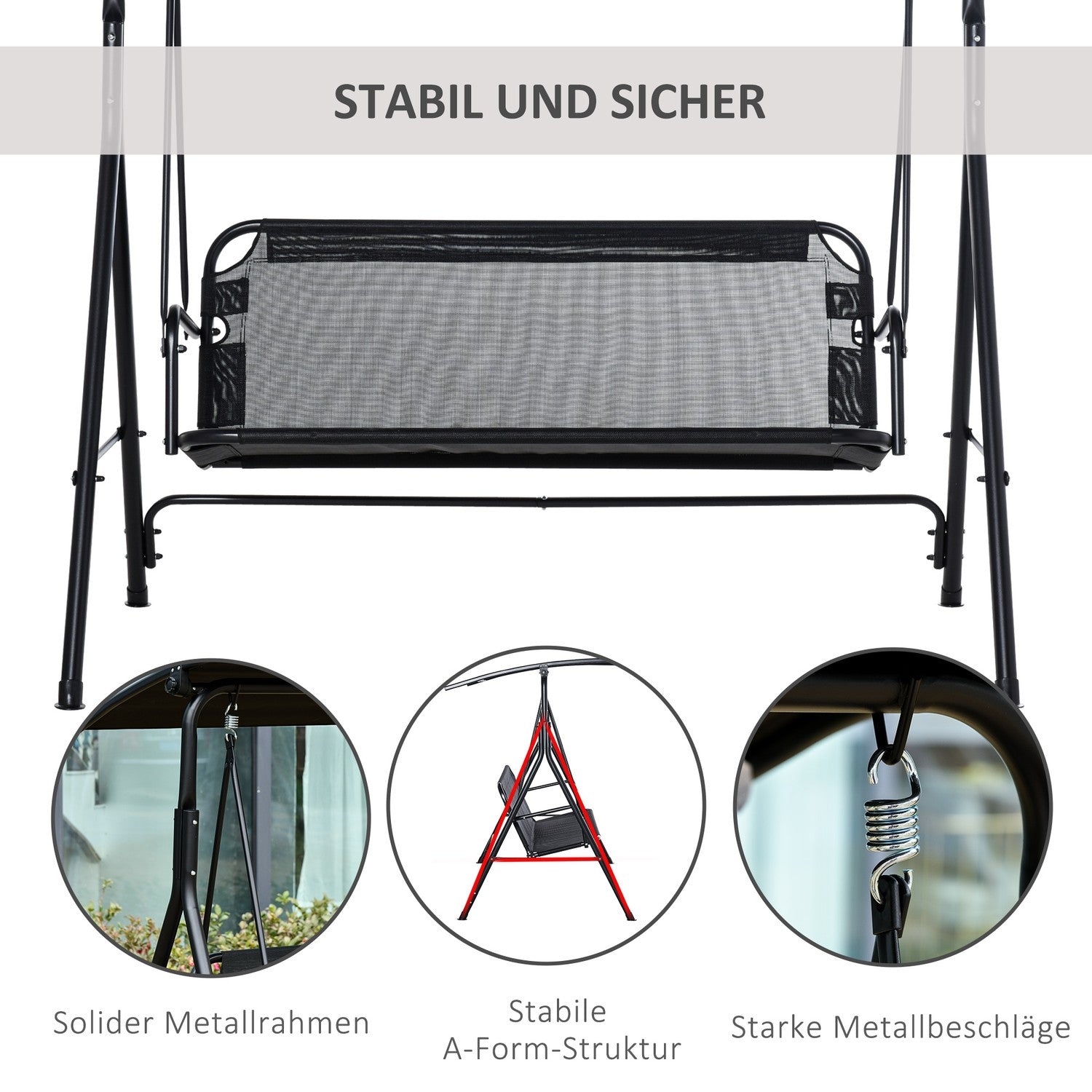 2-sits justerbar utomhusgunga, UV-beständig svart metall