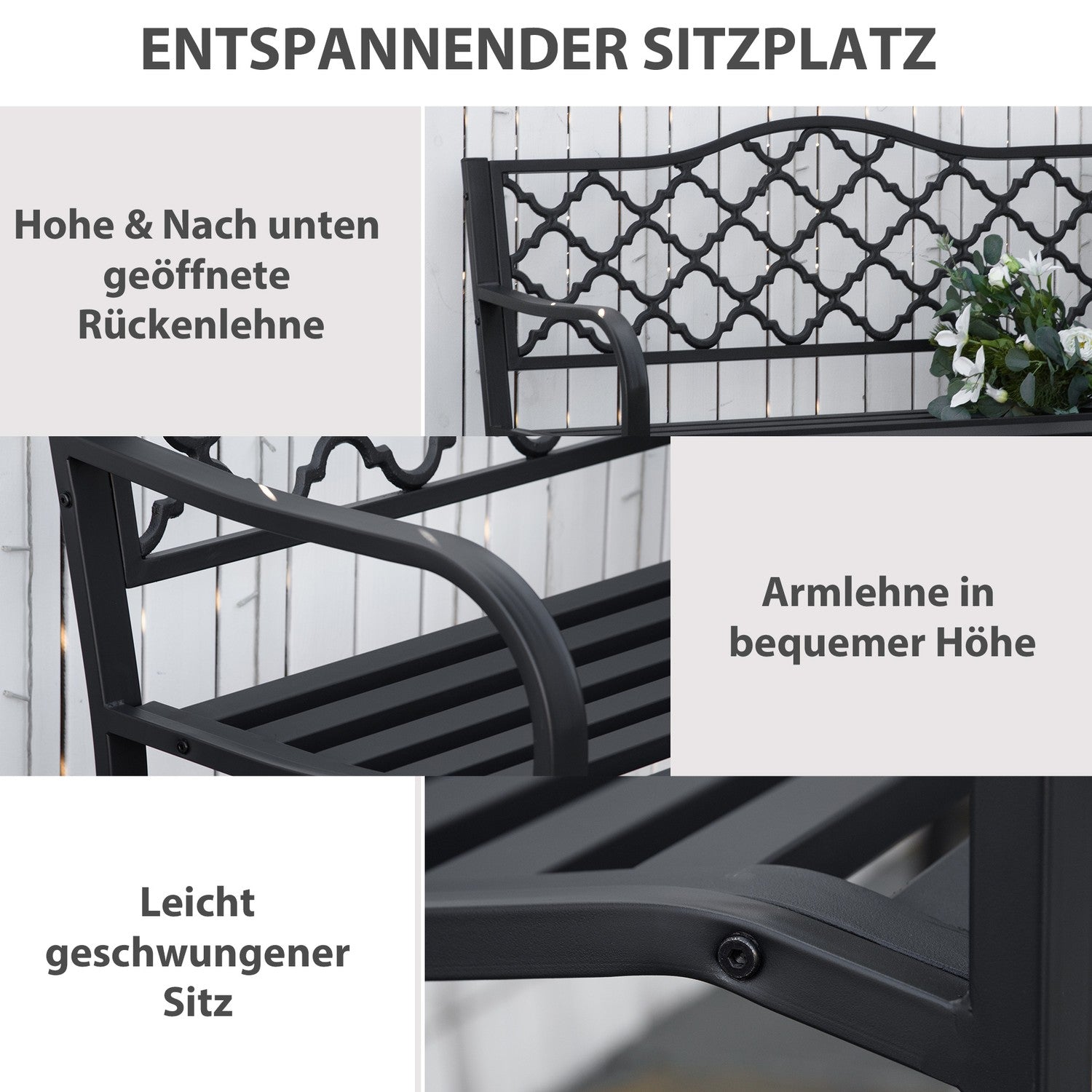 2-sits metall trädgårdsbänk, elegant svart gjutjärn