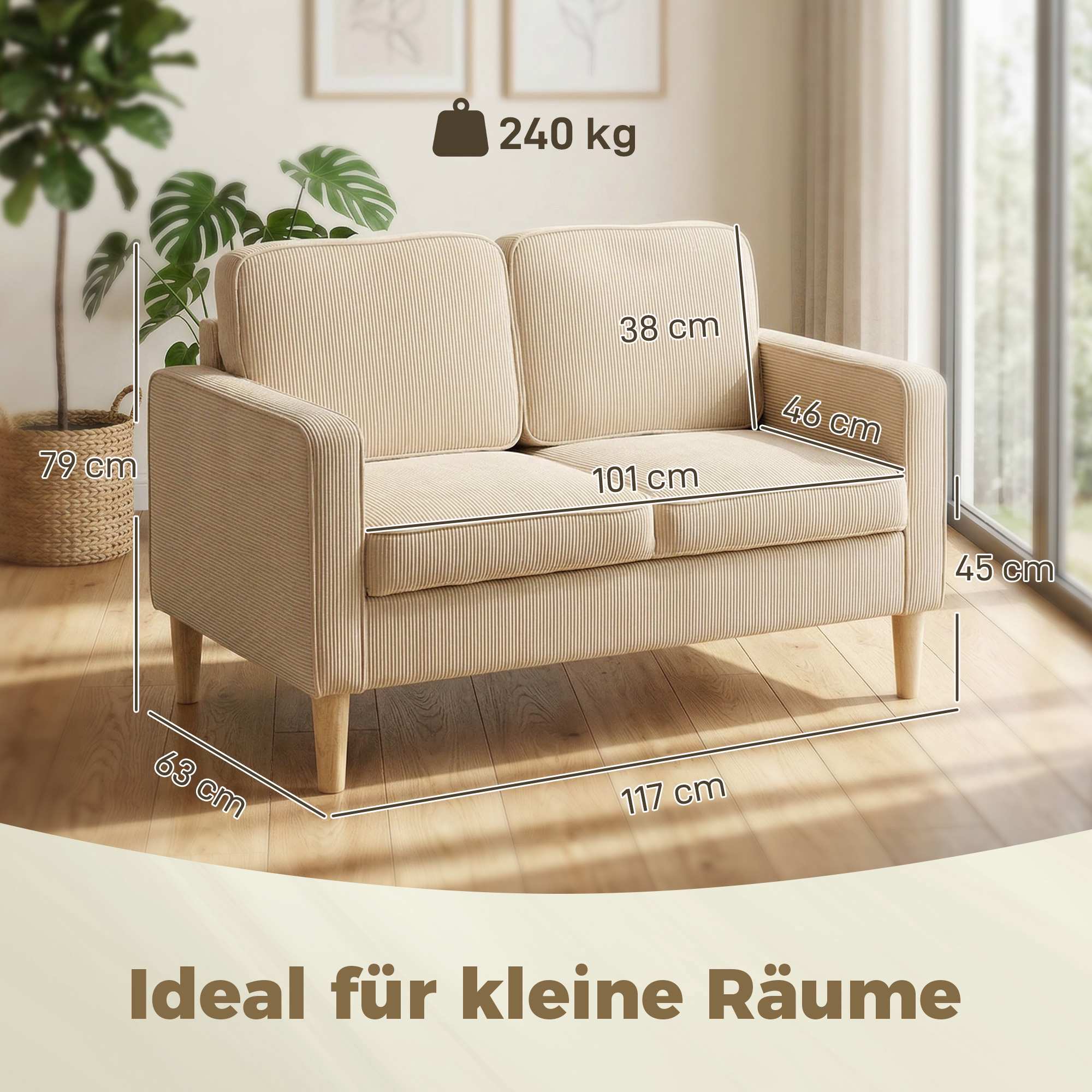 2-sits soffa i manchester med förvaring, beige, 117 x 63 cm