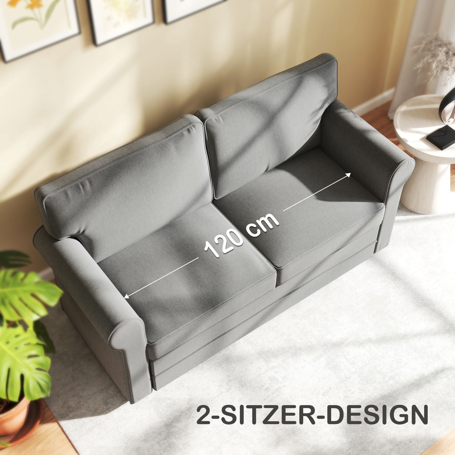 2-sits soffa, kompakt vardagsrumssoffa, tyg i linnelook, mjuka sittdynor, stålram, mörkgrå