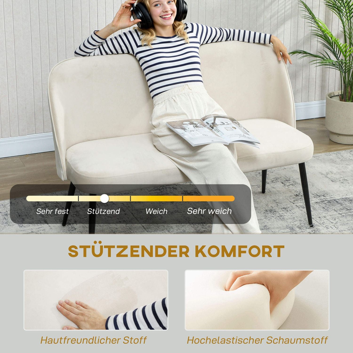 2-sitssoffa, sammetsliknande tyg, metall- och träram, beige