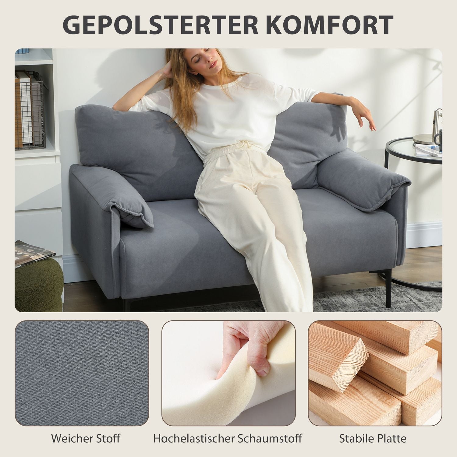 2-sitssoffa, tjocka kuddar, sammetsklädsel, svart