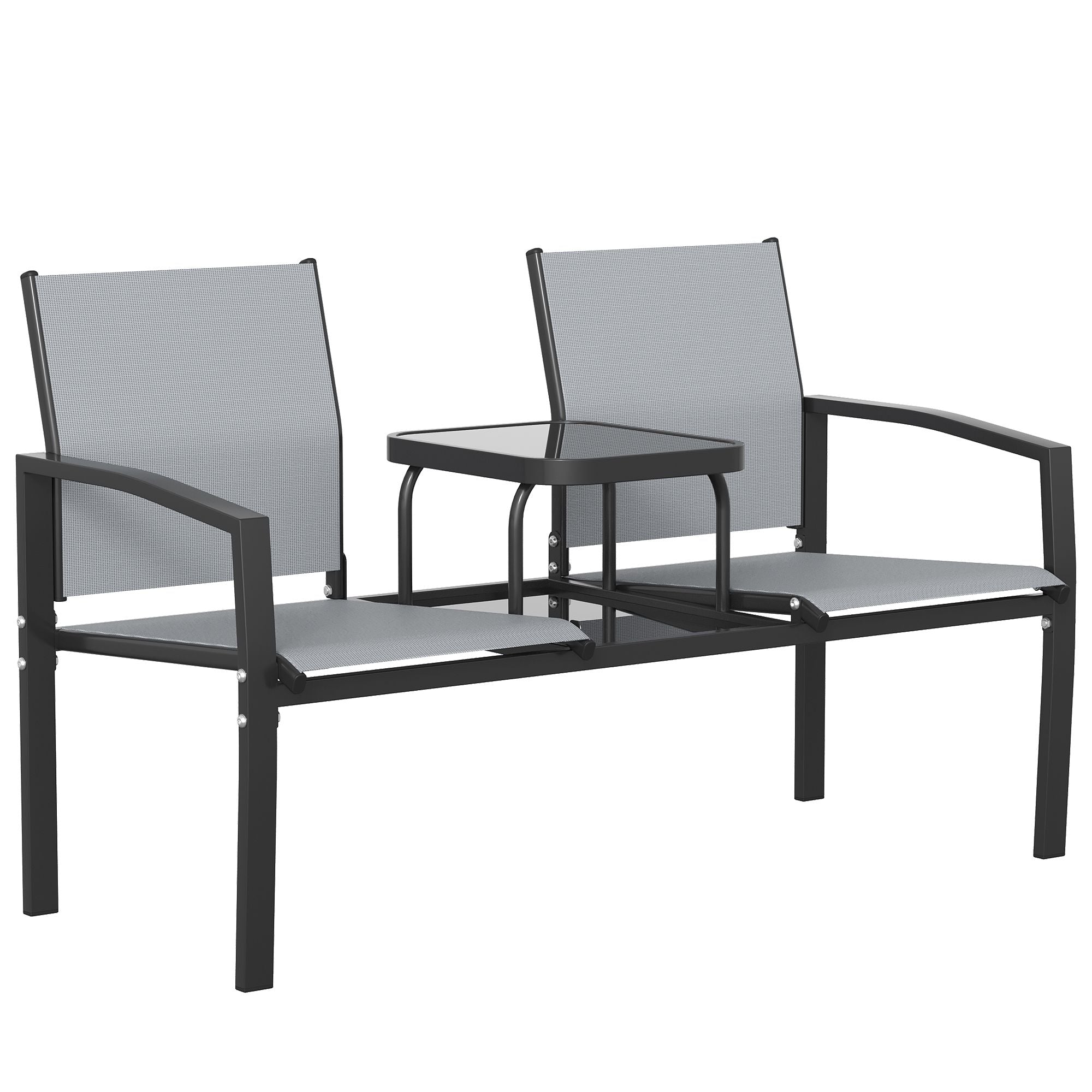 2-sits trädgårdsbänk med bord, metallram, grå