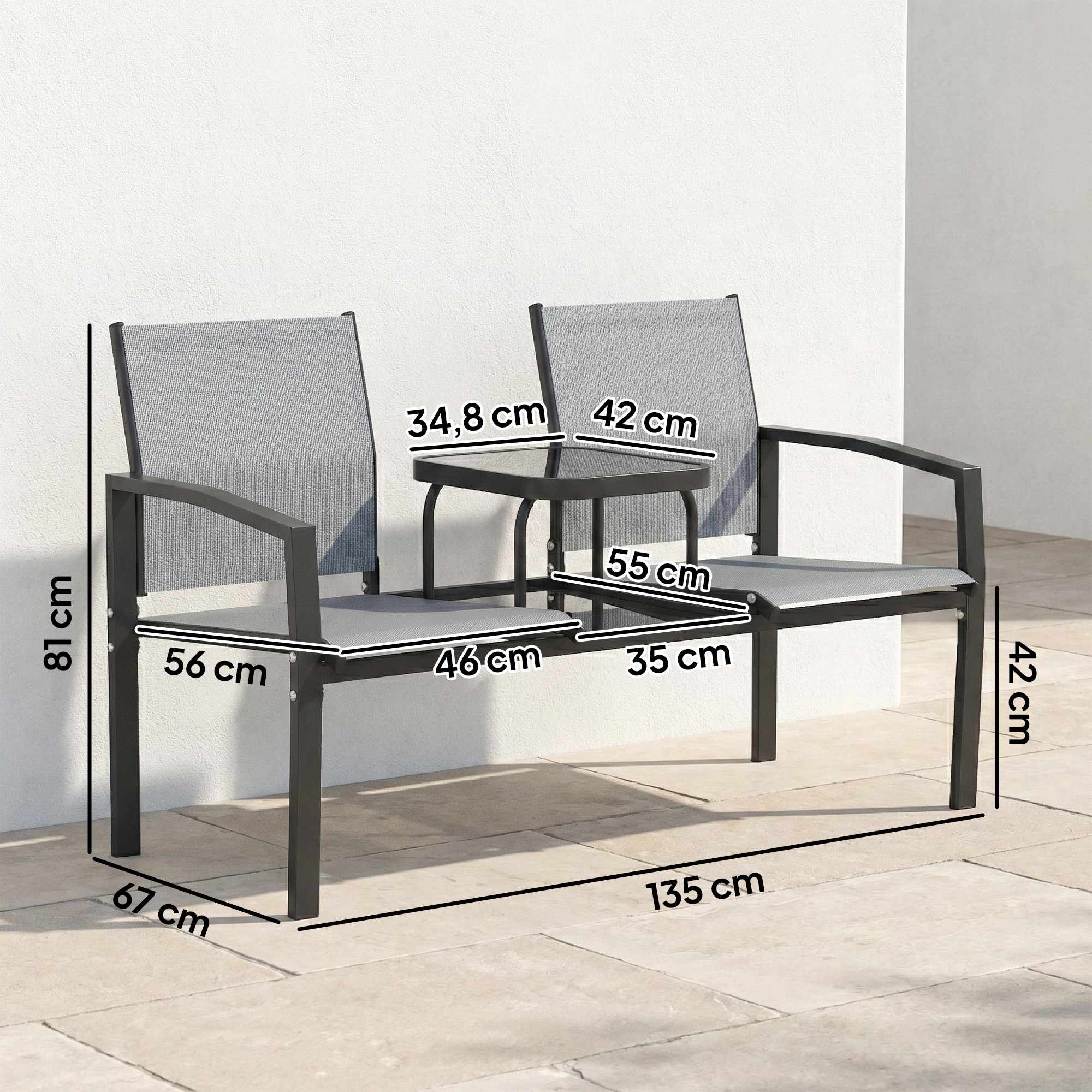 2-sits trädgårdsbänk med bord, metallram, grå