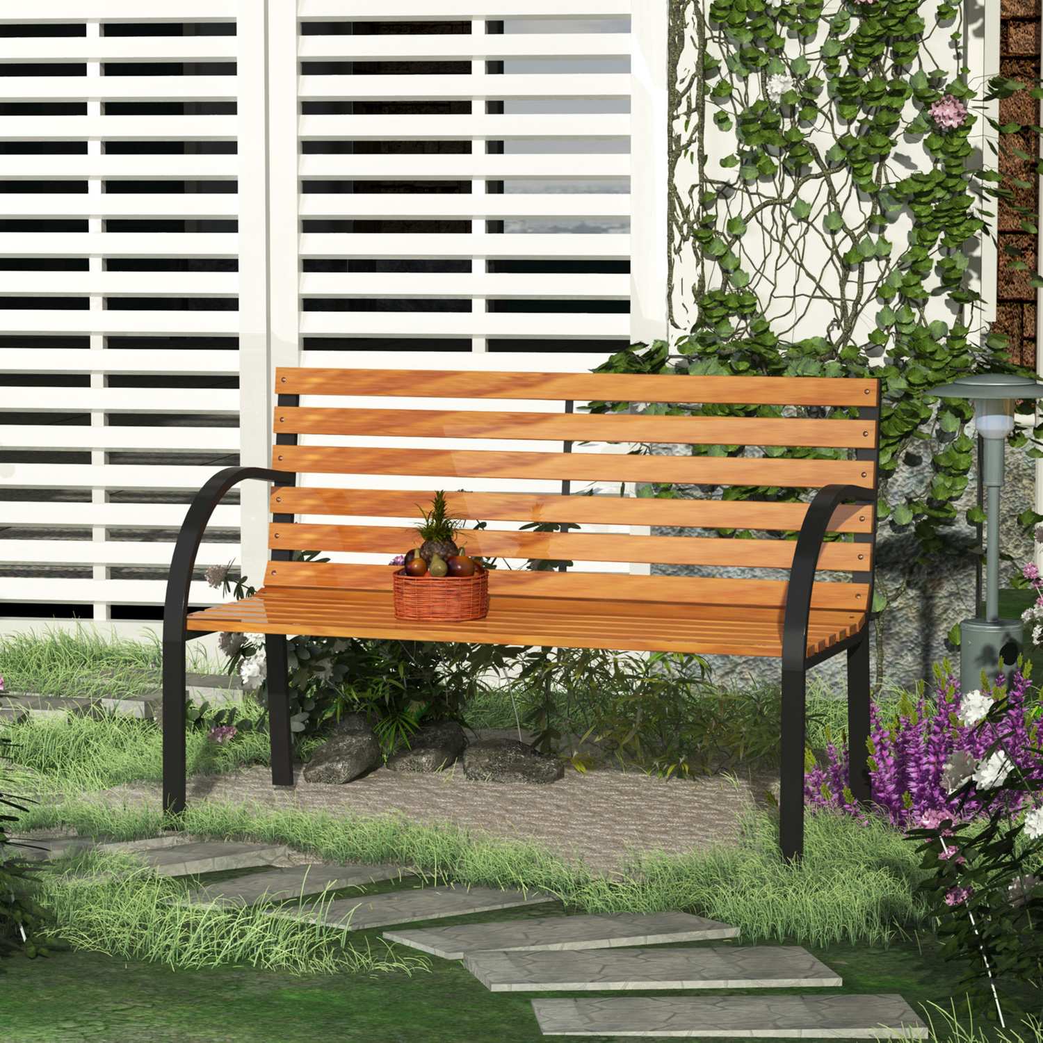 2-sits trädgårdsbänk, stål och furu, 122x60x83 cm