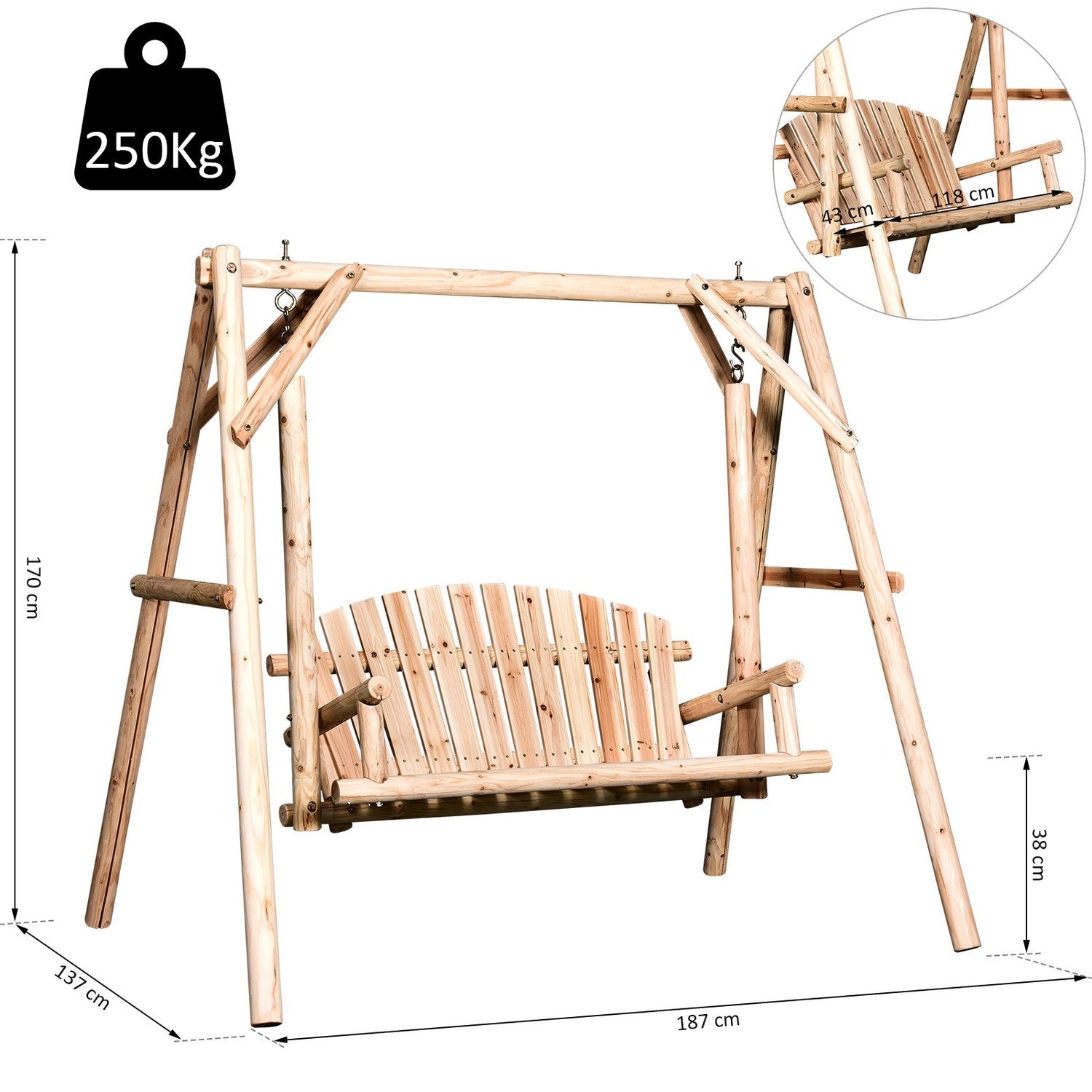 2-sits trädgårdssvingbänk i trä, 187 x 137 x 170 cm