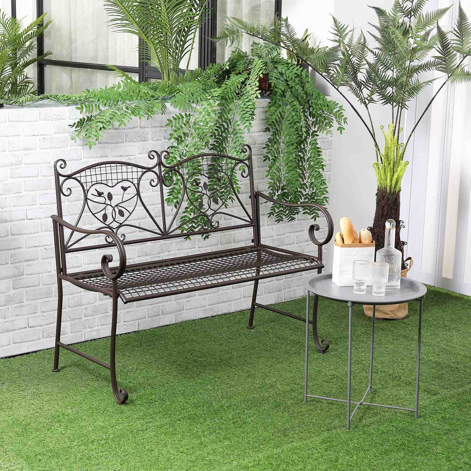 2-sits väderbeständig metall trädgårdsbänk, antik look