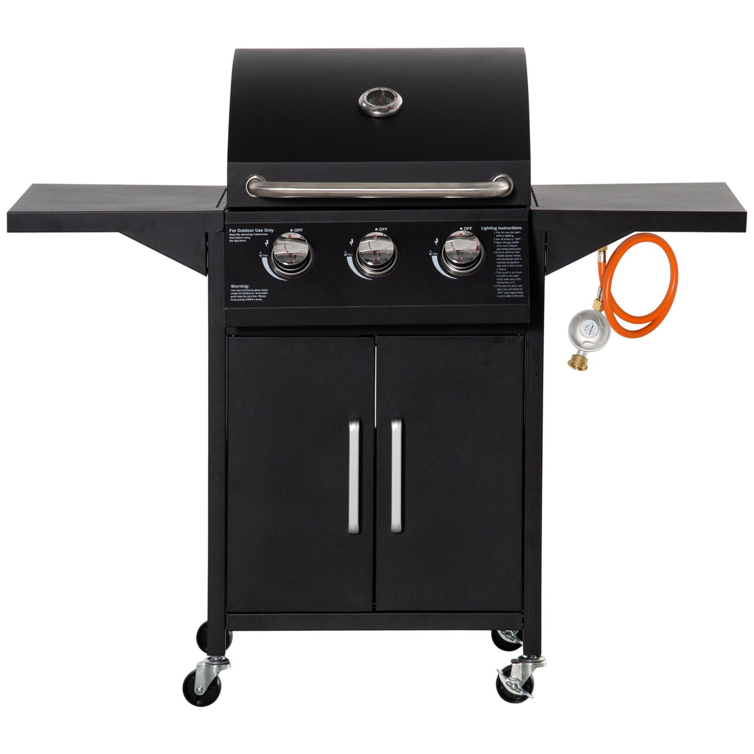 3-brännare gasolgrill, mobil vagn, stål, med sidobord