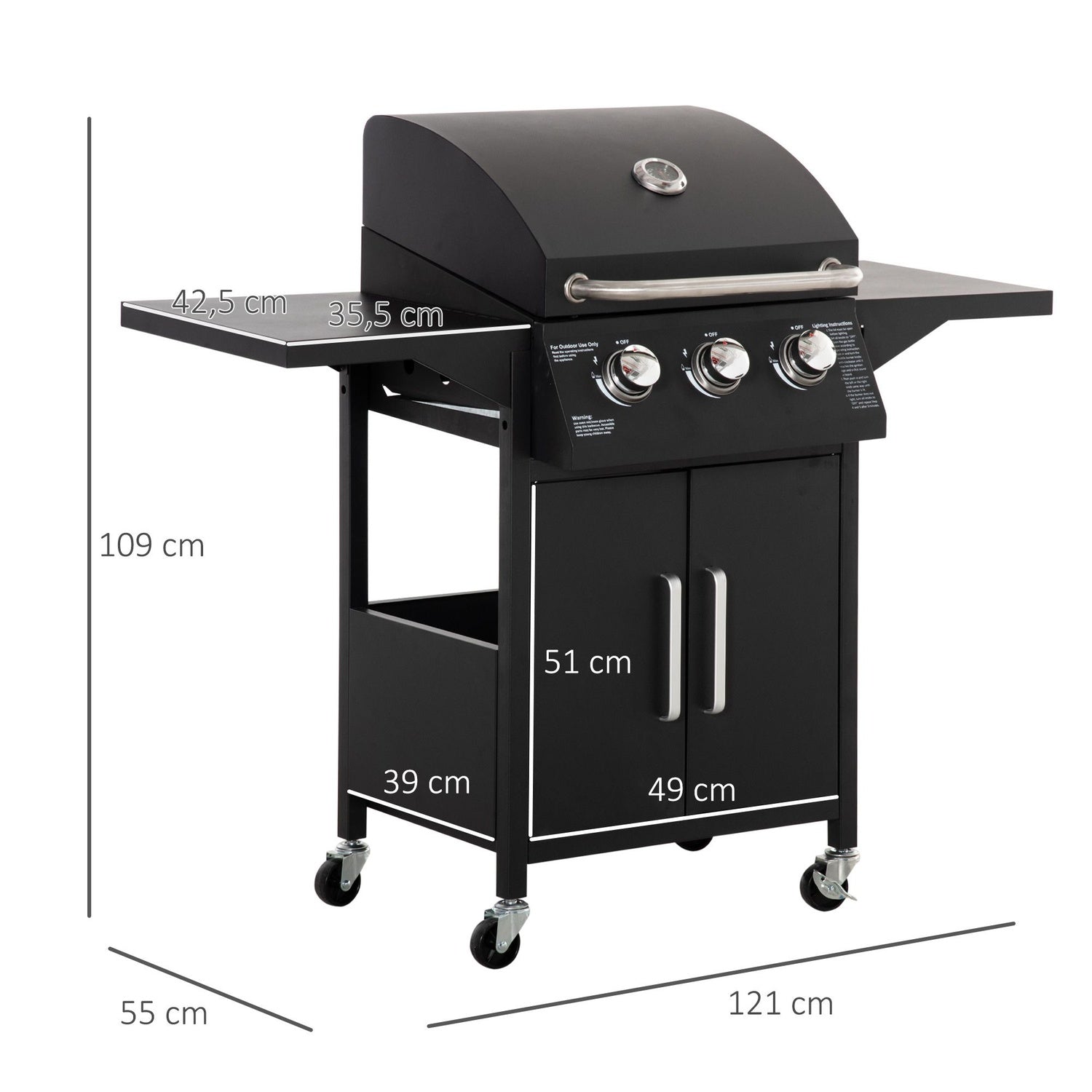 3-brännare gasolgrill, mobil vagn, stål, med sidobord