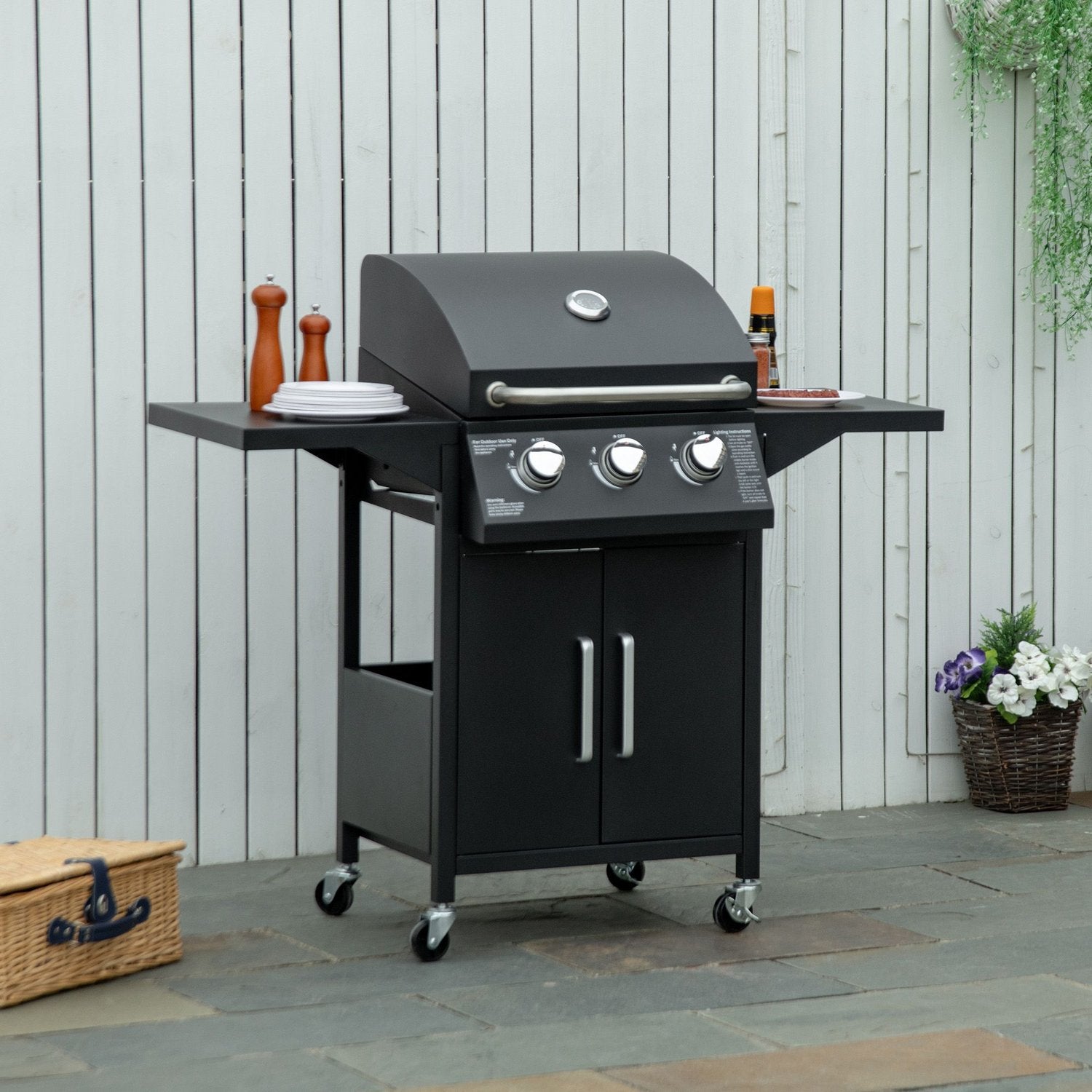 3-brännare gasolgrill, mobil vagn, stål, med sidobord