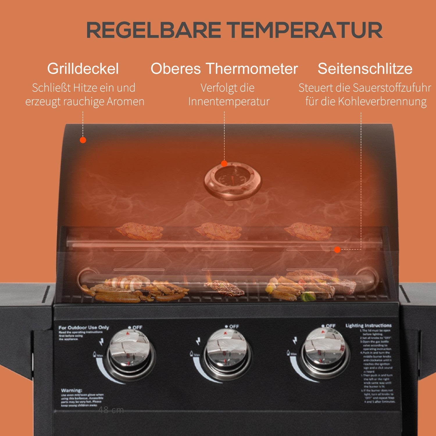 3-brännare gasolgrill, mobil vagn, stål, med sidobord
