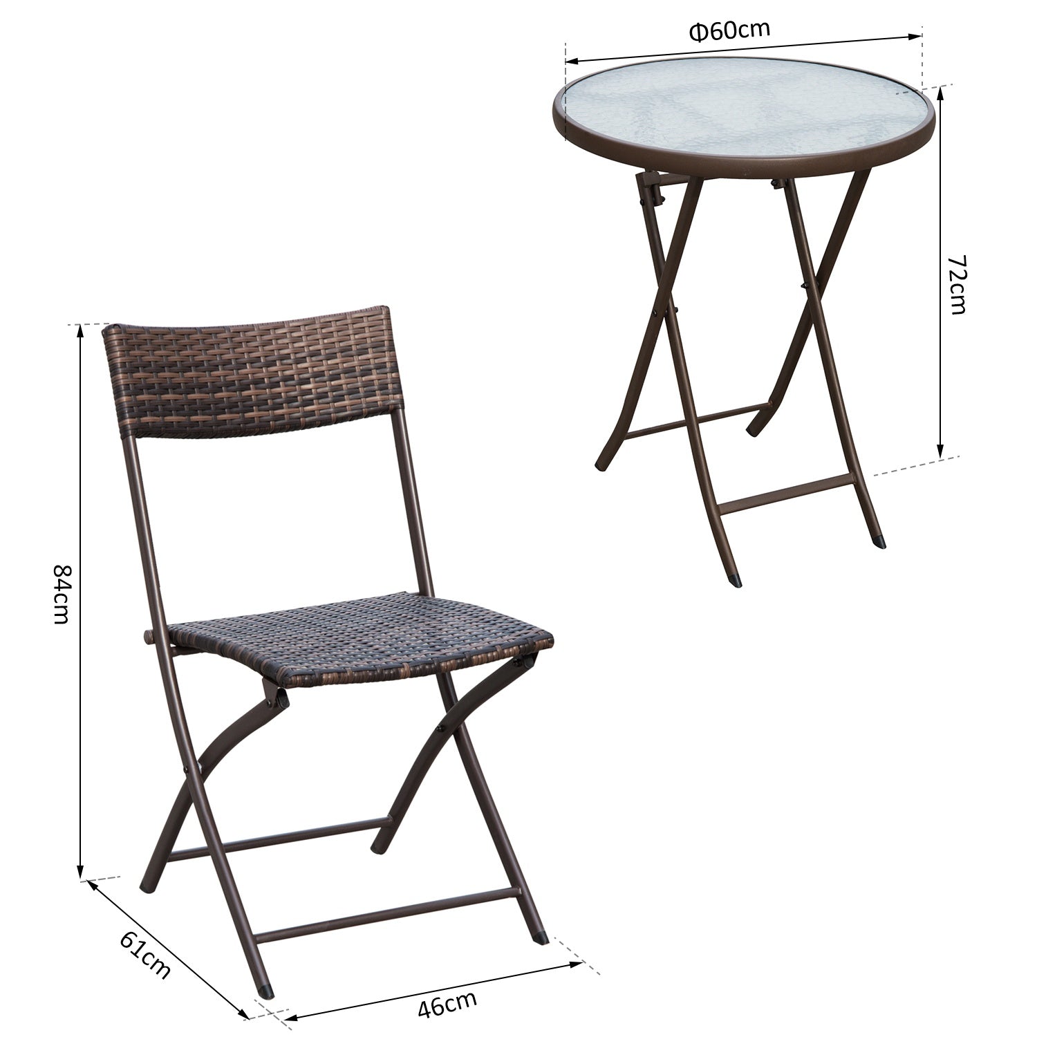 3-delad polyrattan fällbar bistroset för balkong – Brun