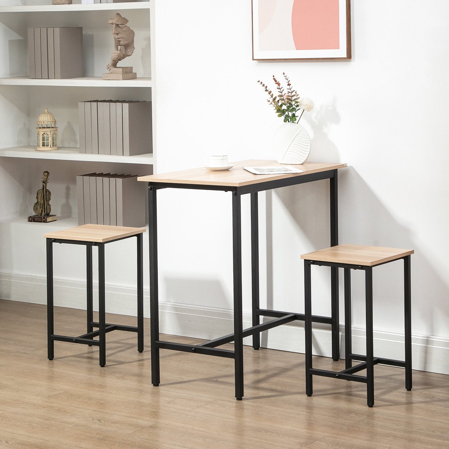 3-delat bistroset, naturligt trälook och stål, 80x50x85 cm