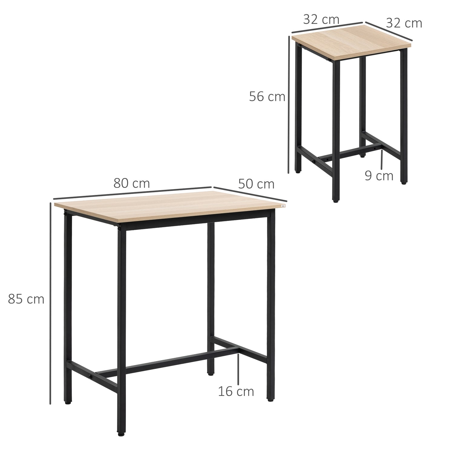 3-delat bistroset, naturligt trälook och stål, 80x50x85 cm