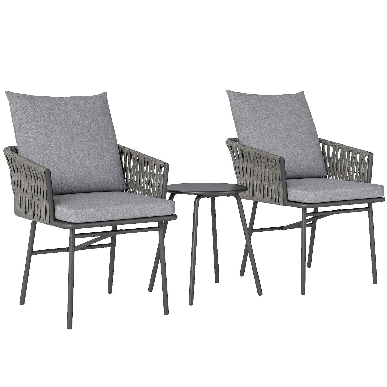 3-delat utemöbler, 2 stolar, 1 bord, bistroset, konstrotting, stålstomme, metallbord, 4 kuddar, grå