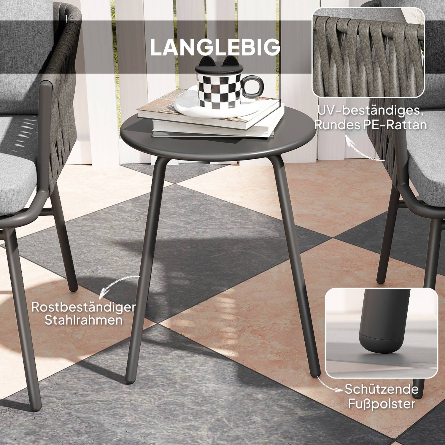 3-delat utemöbler, 2 stolar, 1 bord, bistroset, konstrotting, stålstomme, metallbord, 4 kuddar, grå