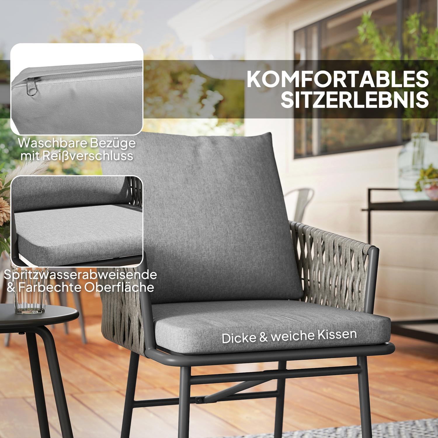 3-delat utemöbler, 2 stolar, 1 bord, bistroset, konstrotting, stålstomme, metallbord, 4 kuddar, grå