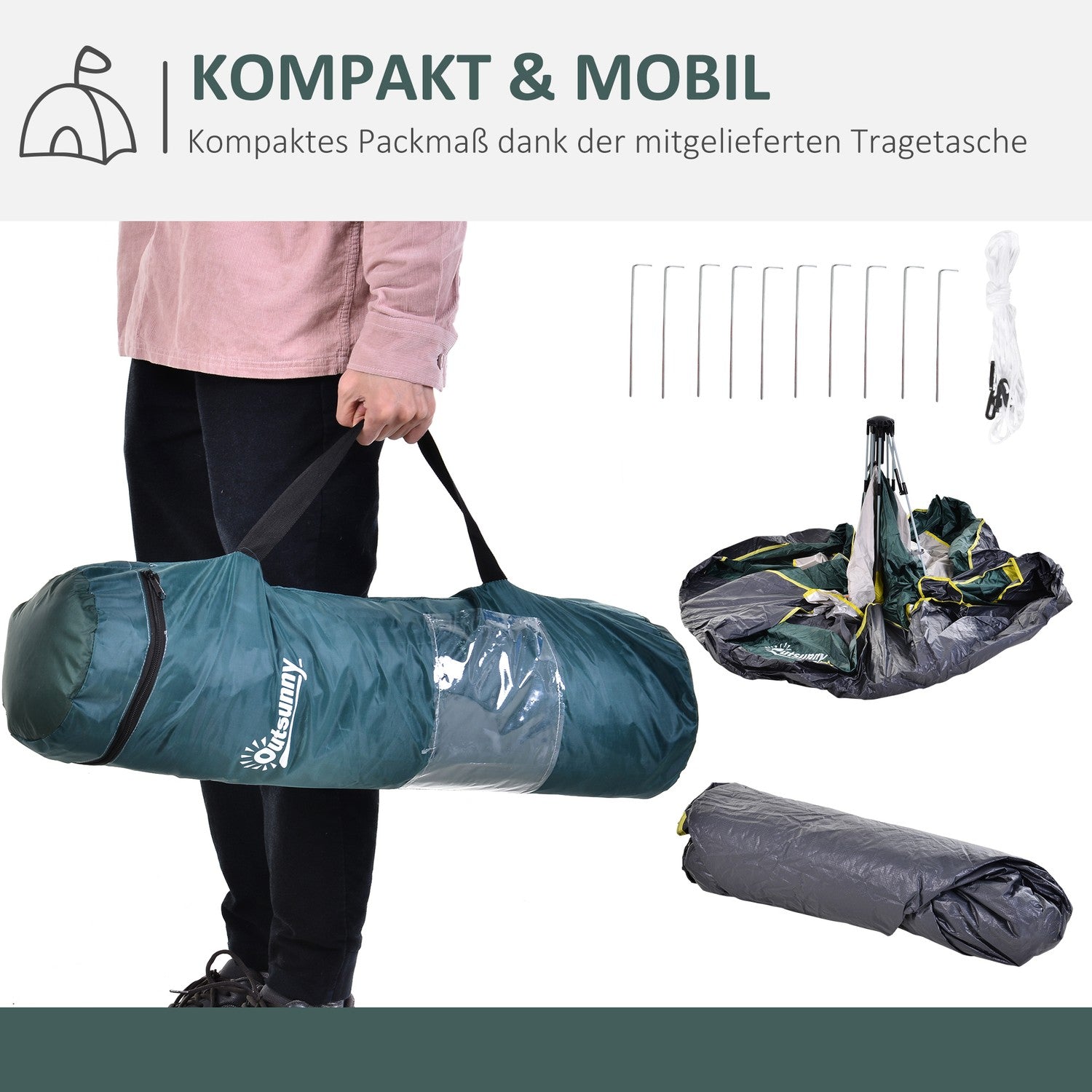 3-personers kupoltält, vattentät polyester, grönt, 205x195x135cm