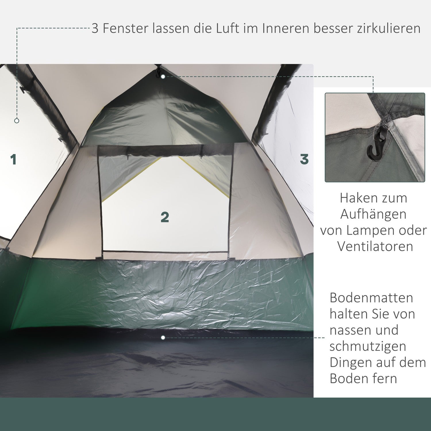 3-personers kupoltält, vattentät polyester, grönt, 205x195x135cm