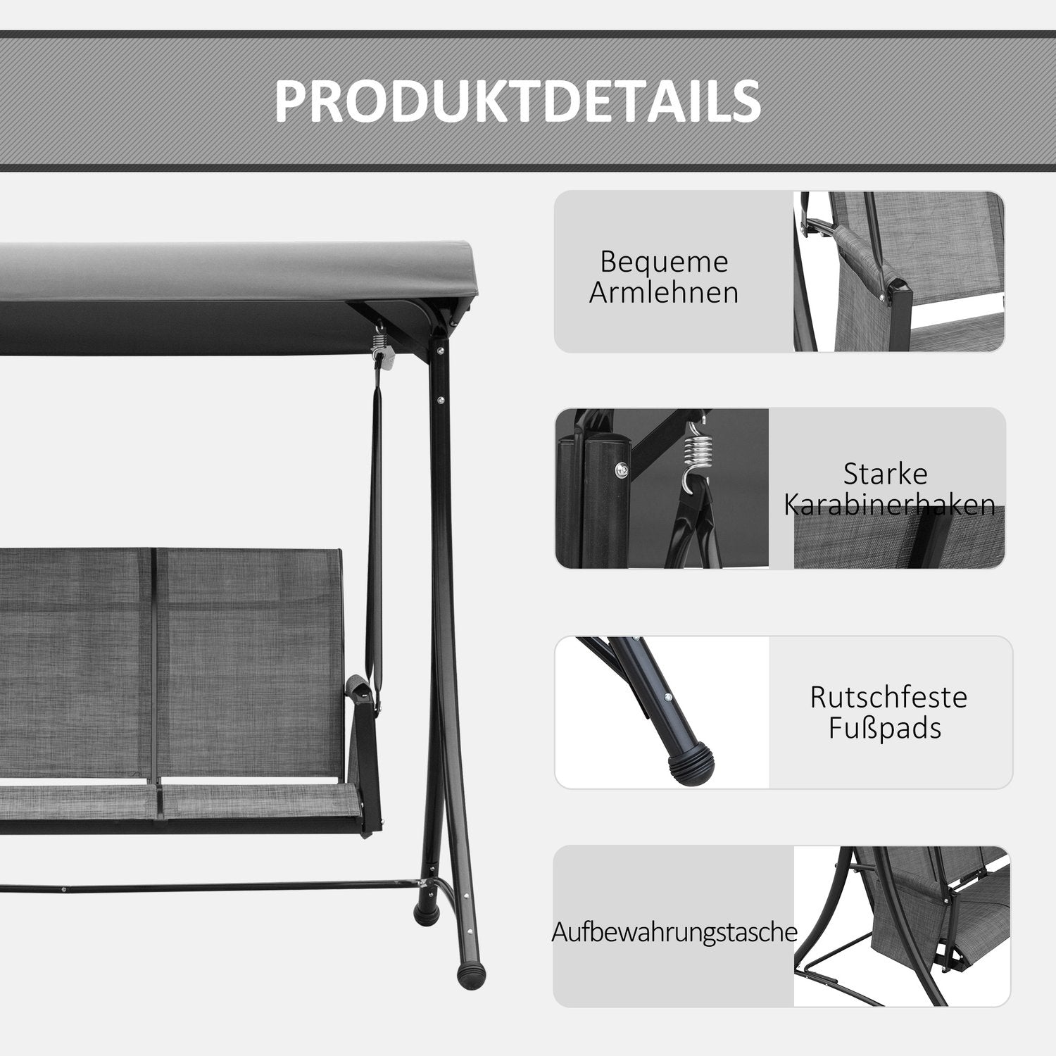 3-sits Verandagunga i aluminium med kapell, grå